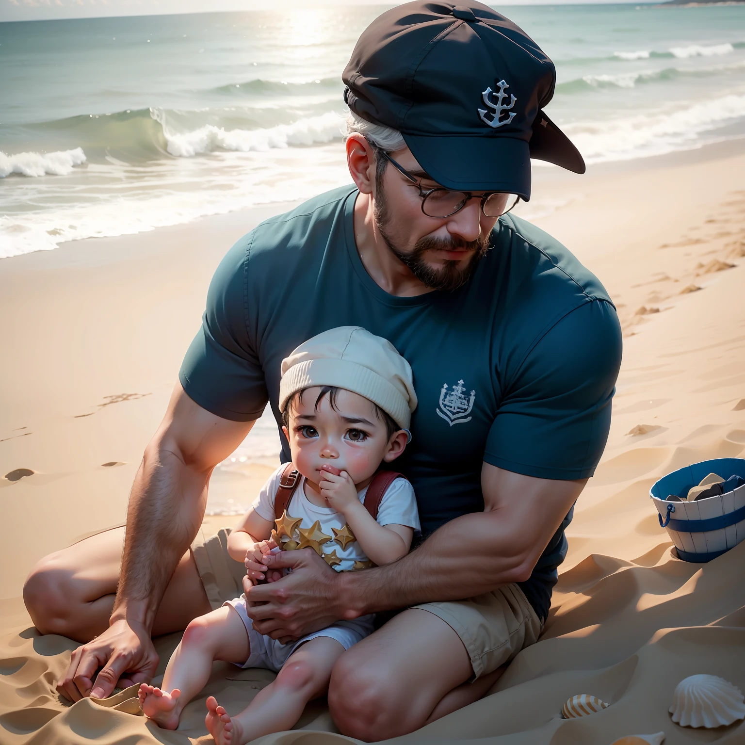 The image depicts a charming seaside scene, where a father and son are enjoying a special moment together. The scenery shows a white sand beach, com o mar calmo e de um azul brilhante ao fundo. The sky is lightly painted with soft shades of pink and orange, indicating the upcoming sunset.
No primeiro plano, vemos o pai e o filho lado a lado, com um sorriso radiante no rosto de ambos. The father is crouched down, wearing a casual shirt and cap, enquanto o filho, cheio de entusiasmo, He holds a small shovel and a toy bucket in his hands.
They are about to build a sandcastle together. The father guides and helps the son as they work together in the creation of this small work of art. The complicity between them is evident, and the son's look of admiration at his father is thrilling.
Ao redor deles, shells and starfish are scattered across the sand, Giving a magical touch to the scene. Ademais, ao longe, pode-se avistar algumas gaivotas voando, complementando o ambiente praiano.
No canto inferior direito da imagem, in a calligraphic font, is written "Feliz Dia dos Pais" accompanied by a small anchor, symbol of the safety and security that parents represent in the lives of their children.
This image in SeaArt evokes a sense of affection, bond and shared adventure between parents and children. It celebrates the importance of simple and unforgettable moments spent together by the sea, where parents become true heroes to their children.