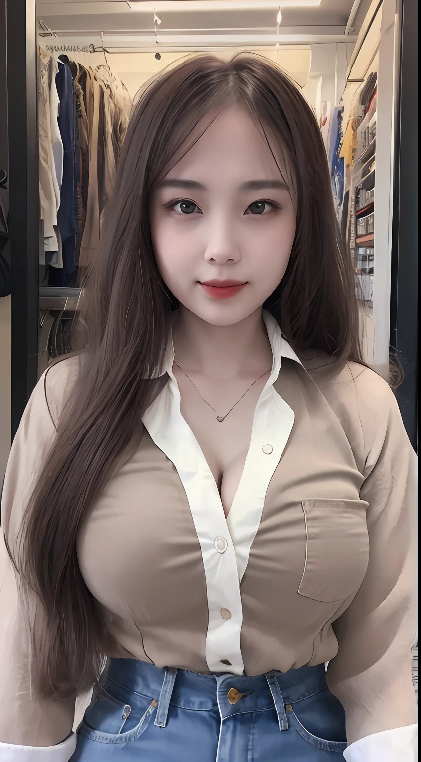 ((Best quality, 8k, Masterpiece :1.3)), Sharp focus :1.2, A pretty woman with perfect figure :1.4, Slender abs :1.2, ((Dark brown hair, gigantic breasts :1.4)), (wearing white button up shirt, Jean :1.1), City street:1.2, Highly detailed face and skin texture, Detailed eyes, Double eyelid