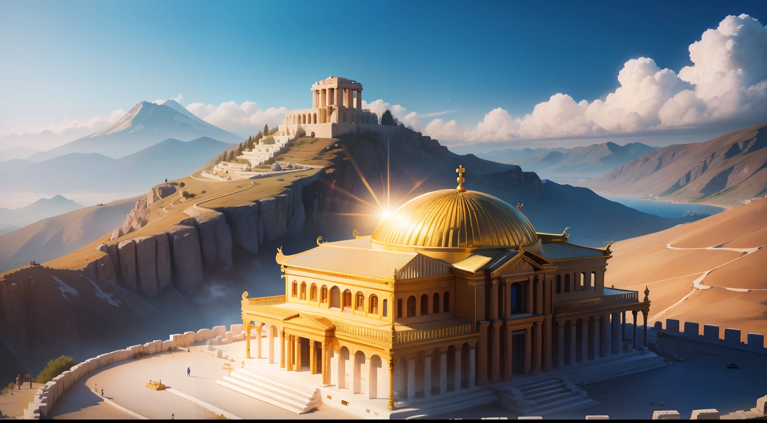 greek, gold, temple, mountain, structures, blue sky, greece