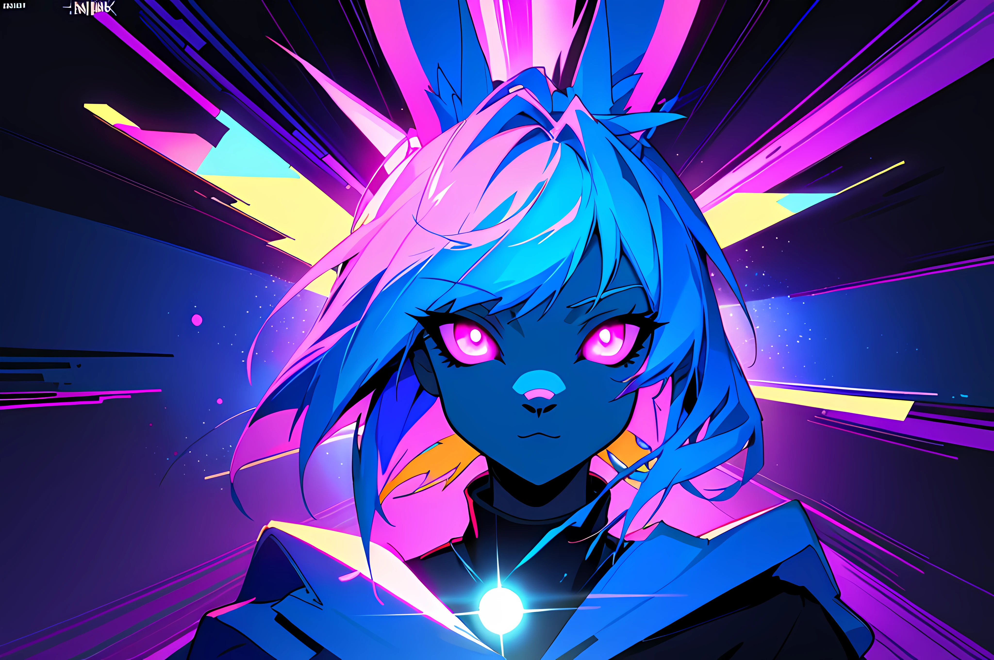 (vintage vhs), (crt screenshot), (Zen, Amy Sol style), running scene from a show about a blue anthro furry kemono rabbit who investigates deep space crime, (vast decrepit scenery:1.2) blame! style, furry azure blue bunny rabbit in a purple shirt with a black background, cute intense bunny, blue anthropomorphic bunny rabbit, with glowing eyes, anthro portrait, head-on portrait, nightmarish illustration, glowing eyes everywhere, intense eye contact, hybrid human / anthro, electrixbunny, rabbit anthro portrait, ((portrait)), bunnypunk, weirdcore voidpunk fursona, wearing bunny ears, cover art with light abstraction, abstract, simple vector art, contemporary Cybernetic art, color gradients, soft color palettes, layered forms, whimsical animation, style Ethereal abstract, 4K, --v6