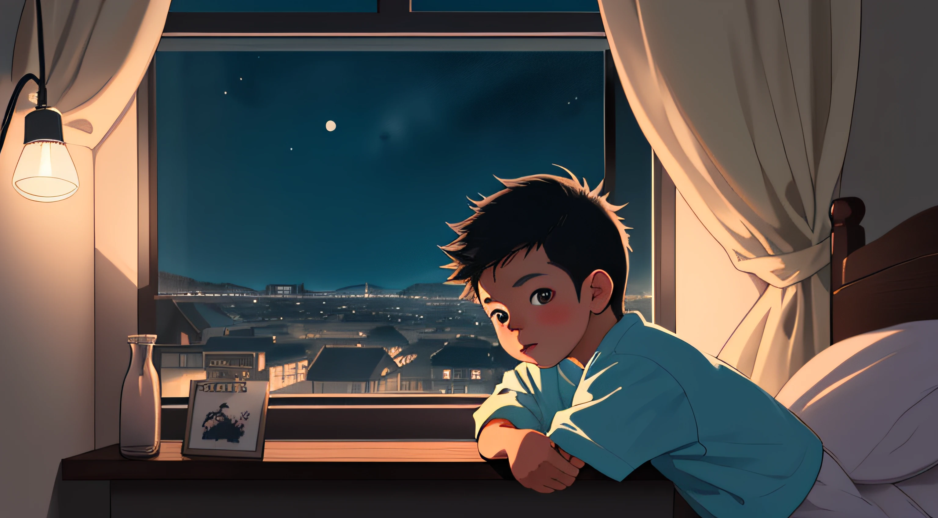 closeup of a little boy seeing outside of the window from his bedroom at night