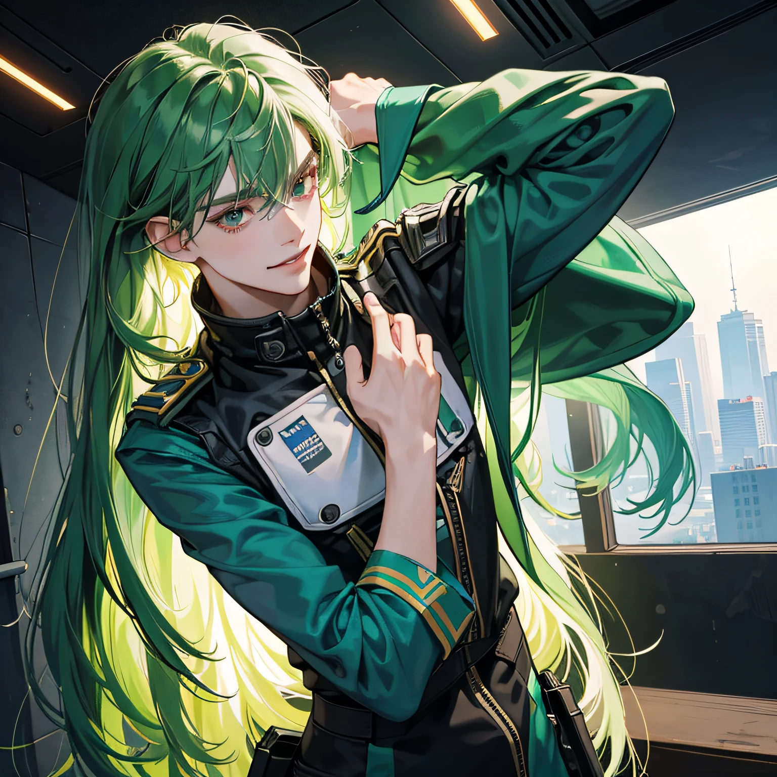 in 8K、topquality、tmasterpiece:1.2)、1 boy、Skinny macho、pretty eyes, beutiful、low, cuteface, student, Upper torso, long green hair, hairlong, Cyberpunk costume, goes to meet, He put his hands behind his head, Crazy smile, Around Futurism