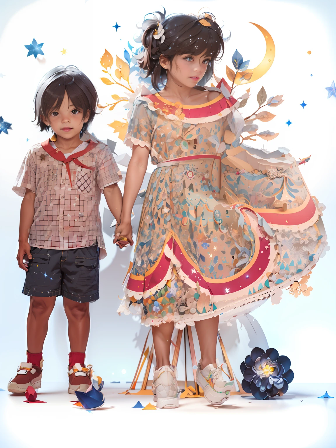 repintar parte selecionada: ((obra-prima))), melhor qualidade, illustration, lindodetalheedglow, Papel_cortar, tree, ....There are two children standing next to each other holding hands, imagem antiga, childhood friend, foto antiga,, ......lua, nuvem, estrelas, passaros, Astros, universo, constructions, ((Realismo)), Fotografia RAW da mais alta qualidade, ............lua, universo, (((master part))), melhor qualidade, heaven, Cloud, water, estrela, tree, noite, ..........lua, Building, estrela \(heaven\), night sky, scenecy, starly sky, pintura em aquarela, fundo claro, melhor qualidade detalhes requintados, 3D rendering, octan render, (((ultra realistic))), (((Original reference))), ((Semelhante ao original)), ((The original photo doesn't change)), extremely detailed lighting, Lighting rich in shadow and light details, kinematic lighting, flutuando nas nuvens