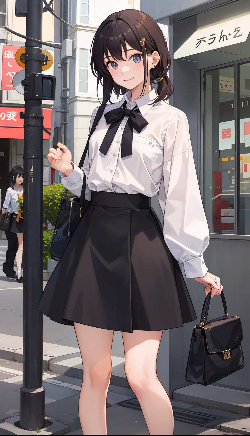 Anime girl in a skirt and blouse standing on a street corner - SeaArt AI
