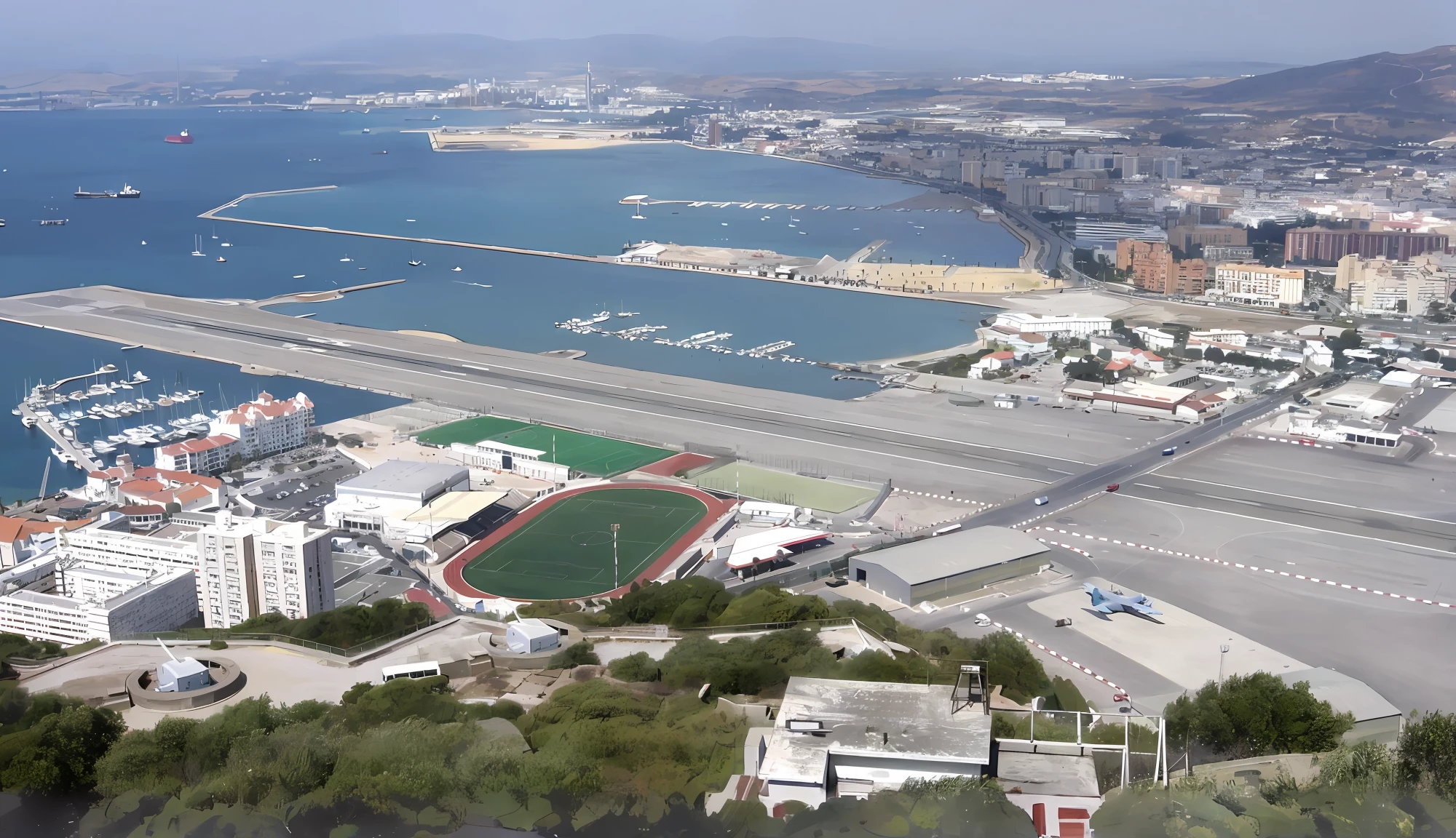 À la Fed view of the city with football and soccer fields, the photo shows a large, Bird View, Nice view, View from high ground, high-level image quality", harbour in background, a panoramic view, birdseye view, mid air shot, the panorama, the panorama, birdseye view, Sport, Stadium, View from above, ibiza