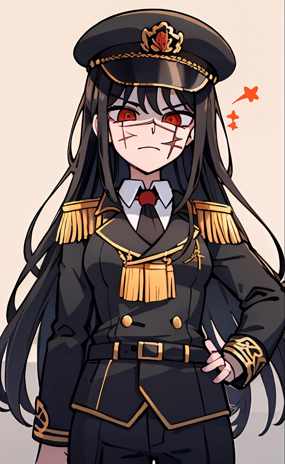 (masterpiece, best quality: 1.2), Solo, 1girl, Yoru \(Chainsaw Man\), looking at the viewer, different poses, red eye, long hair, completely black hair, reference to clothing of a German WWII general, black long sleeves (best quality), scar on face, beautiful eyes, has only 2 arms, has war medals on his clothes, Black Military Cap, Golden Eagle Medal on Clothing, (Wallpaper), (8K HD), (8K HD), Golden Shoulder Pads, Sprites, 1 Single Design (obra maestra, mejor calidad: 1.2), Solo, 1girl, Yoru \(Chainsaw Man\), mirando al espectador con maldad, risa malevola, MALVADA, diferentes poses, ojo rojos, cabello largo, cabello completamente negro, reference to clothing of a German general from World War II, mangas largas negras (mejor calidad), cicatriz en la cara, hermosos ojos, tiene solo 2 brazos, tiene medallas de guerra en su ropa, Gorra militar negra, Golden Eagle Medal in Dress, (fondo de pantalla), (8K HD), (8K HD), hombreras doradas, sprites, 1 single design