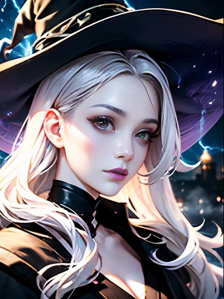 RAW photo, one person, skin invisible, full face portrait, witch, japanese face, Sensual beautiful woman with round cheeks, purple eyeshadow, purple lip, realistic facial expression, pale skin, wavy white hair, long hair, witch hat, white skin, slender body, wearing black witch robe with silver decoration, confident expression, (magic mysterious background, lightning, glowing particles, ethereal fog, faint darkness), high saturation, film light, rim light, best shadows, pointing here, background is urban ruins, (very detailed skin: 1.2), 8k UHD, DSLR, soft lighting, high quality, film particles, fujifilm XT3