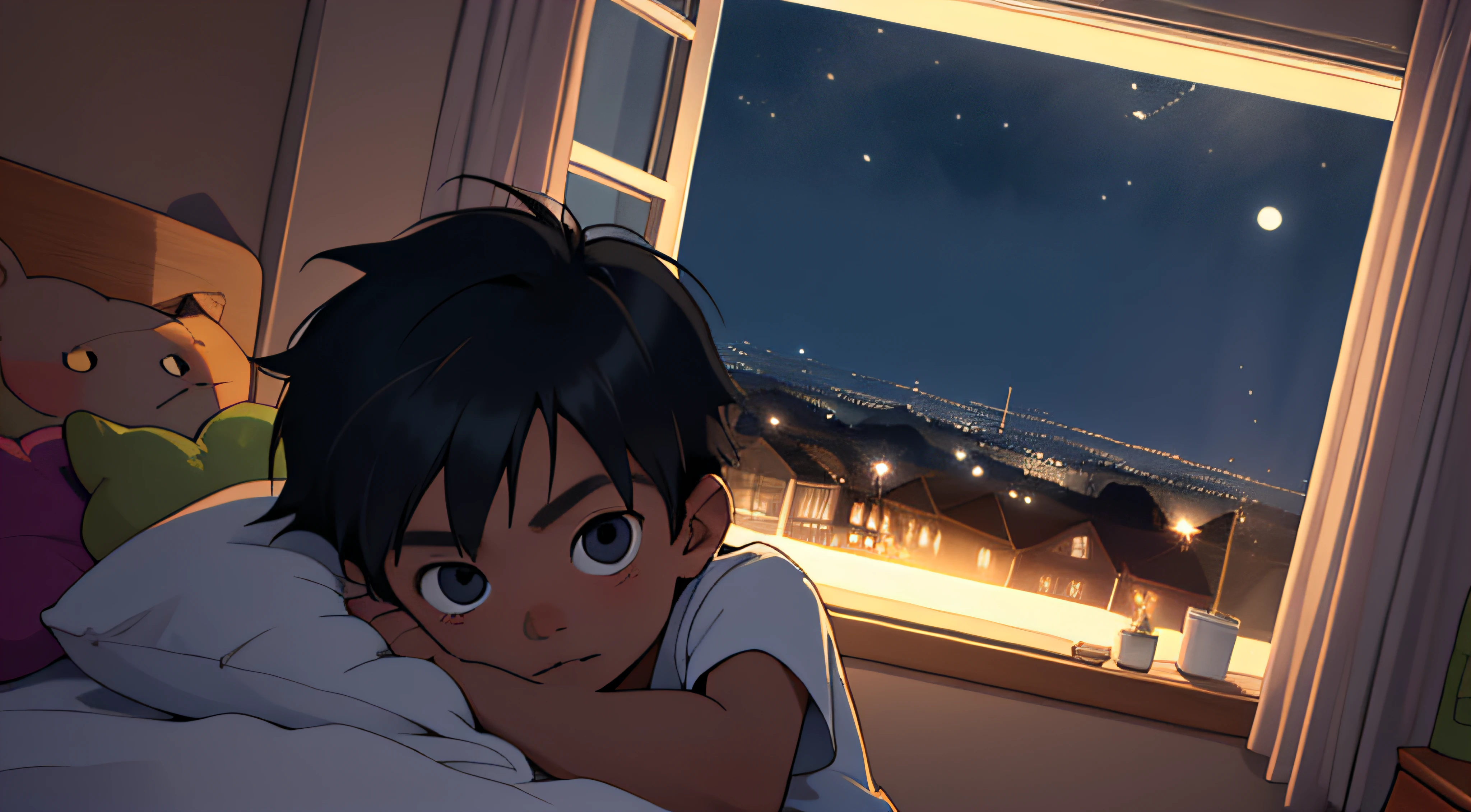 closeup of a little boy seeing outside of the window of his bedroom at night