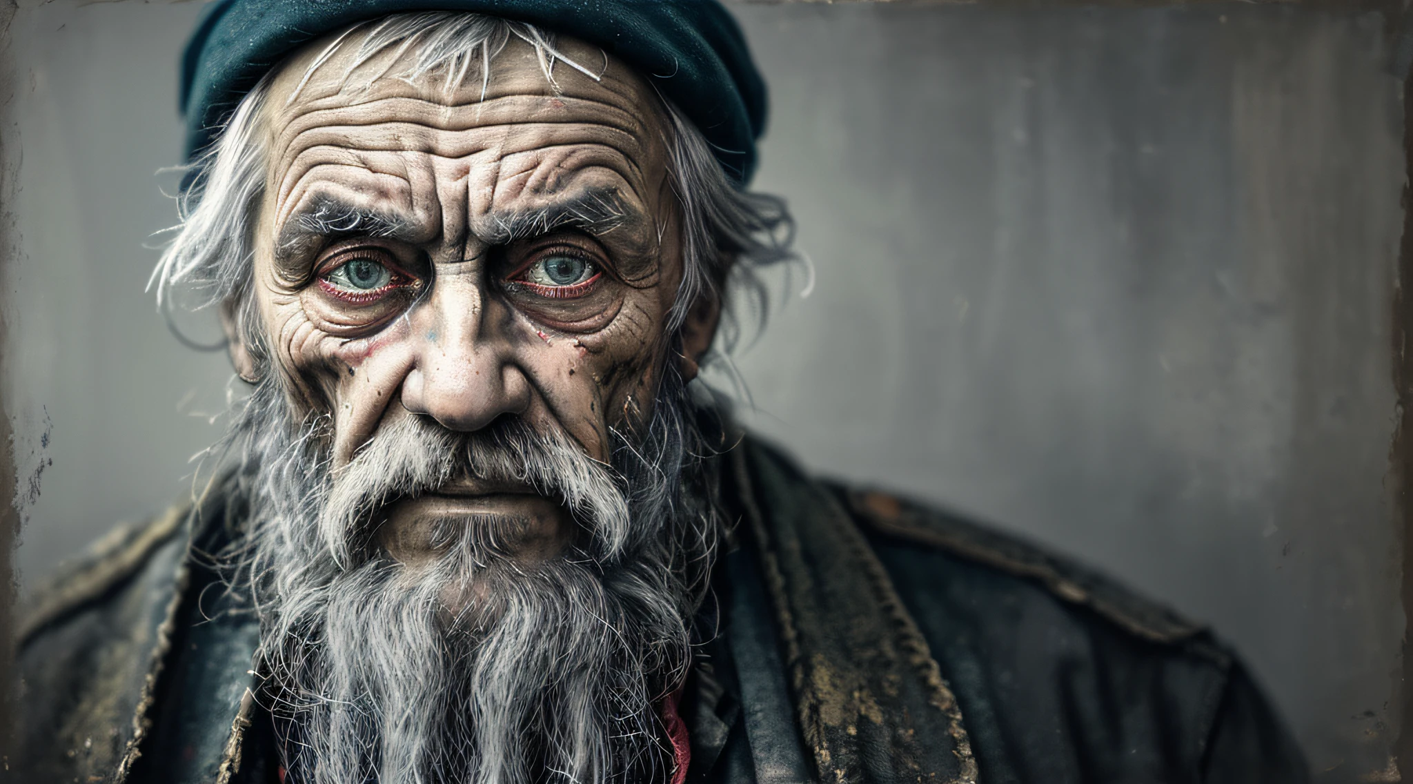 A portrait of poor russian 1800 old worker in rags, ((overwhelming fatigue )), wrinkles of age, concept art, oil pastel painting , moody gray colors , gritty, messy stylestyle of Alexey Savrasov, Ivan Shishkin, Ilya Repin, (cel shaded:1.2), 2d, (oil painting:1.2) highly detailed