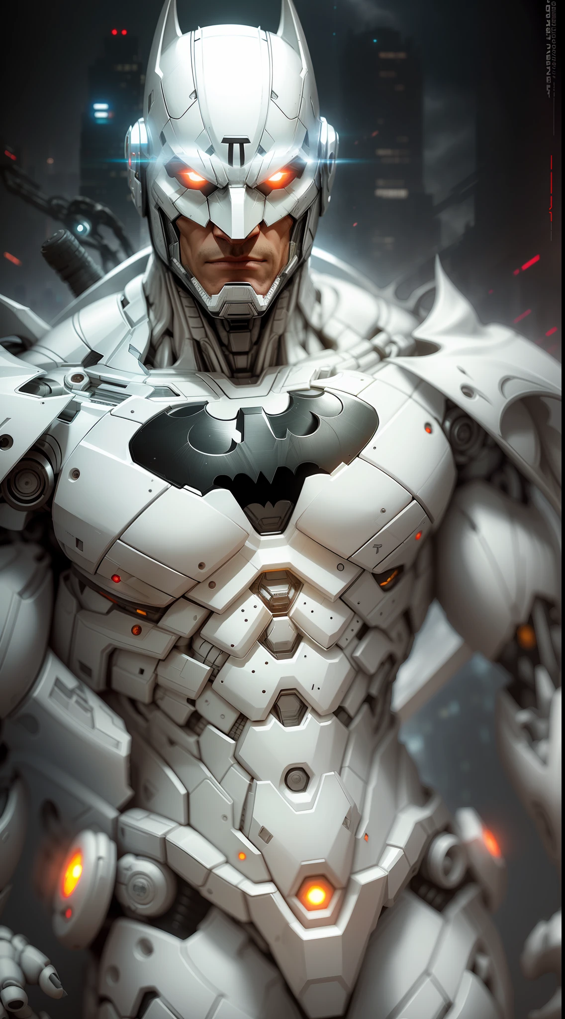 White Batman from DC photography, biomechanical, complex robot, full growth, hyper-realistic, insane small details, extremely clean lines, cyberpunk aesthetic, a masterpiece featured on Zbrush Central