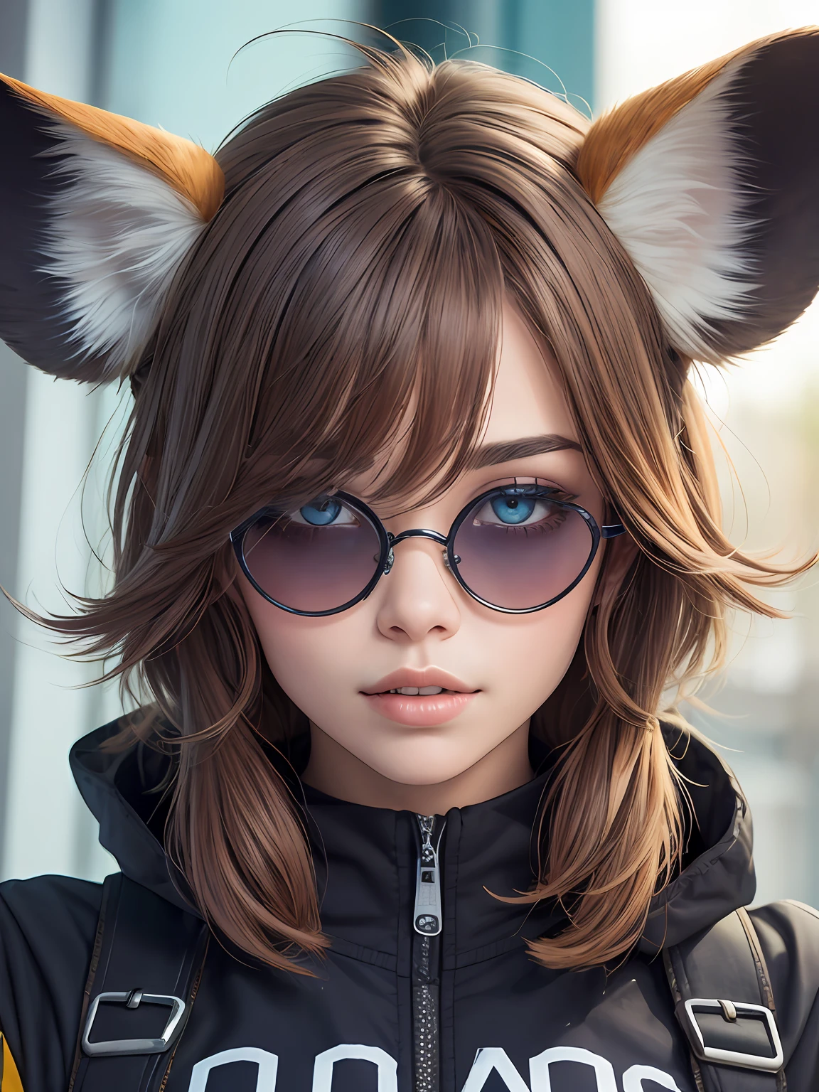 ((solo)) garota, cabelos brancos e mechas roxas, olhos azuis, orelha e rabo de raposa, moletom, oculos, heart collar