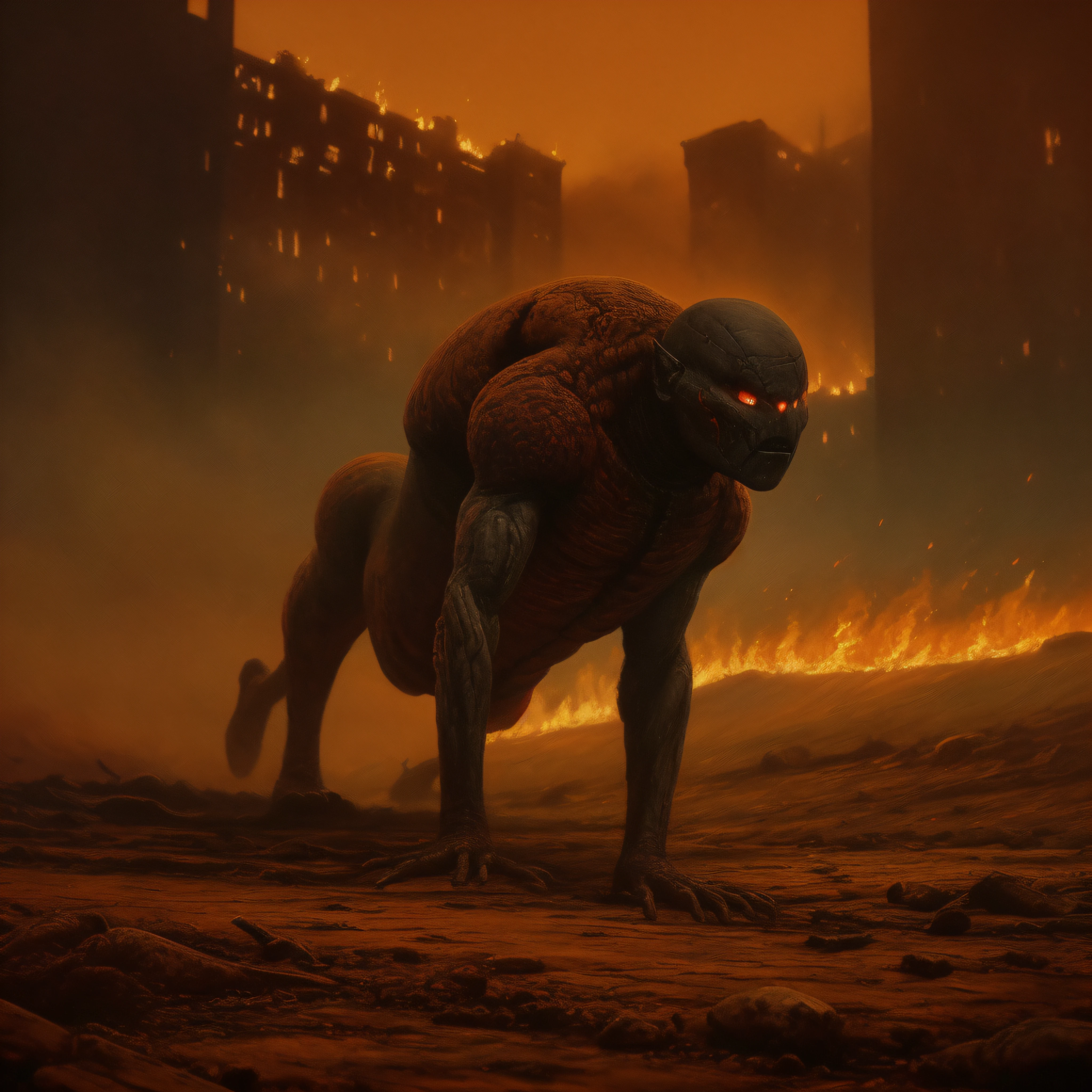 High detail painting of a (b3ks1nsk1:1.1) style creature with a white head and red face and black body crawling on the dirt ground, a city on fire in the background with dark building with flames coming out of the windows, shrouded in black smoke and orange haze, glowing embers floating in the air
8k high definition, highest quality, masterpiece, best quality, 8k, HDR, ultra-detailed, amazing, intricate,