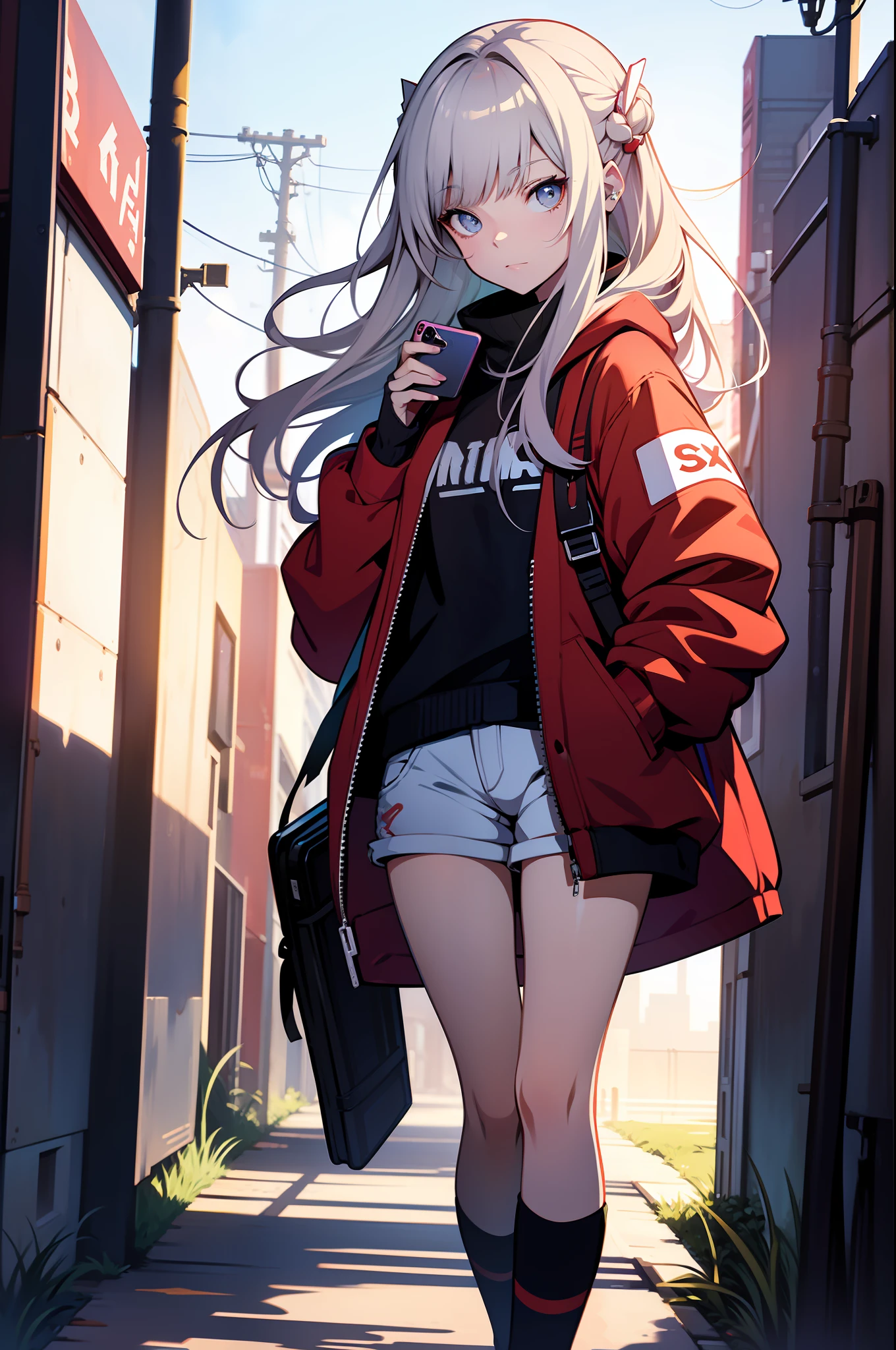 anime girl with cell phone in hand and red shorts, a digital painting inspired by loish, tumblr, conceptual art, oc commission, shaded art style, commission for high res, loish art style, checking her phone, cel shaded:15, halfbody portrait, ilya kuvshinov style