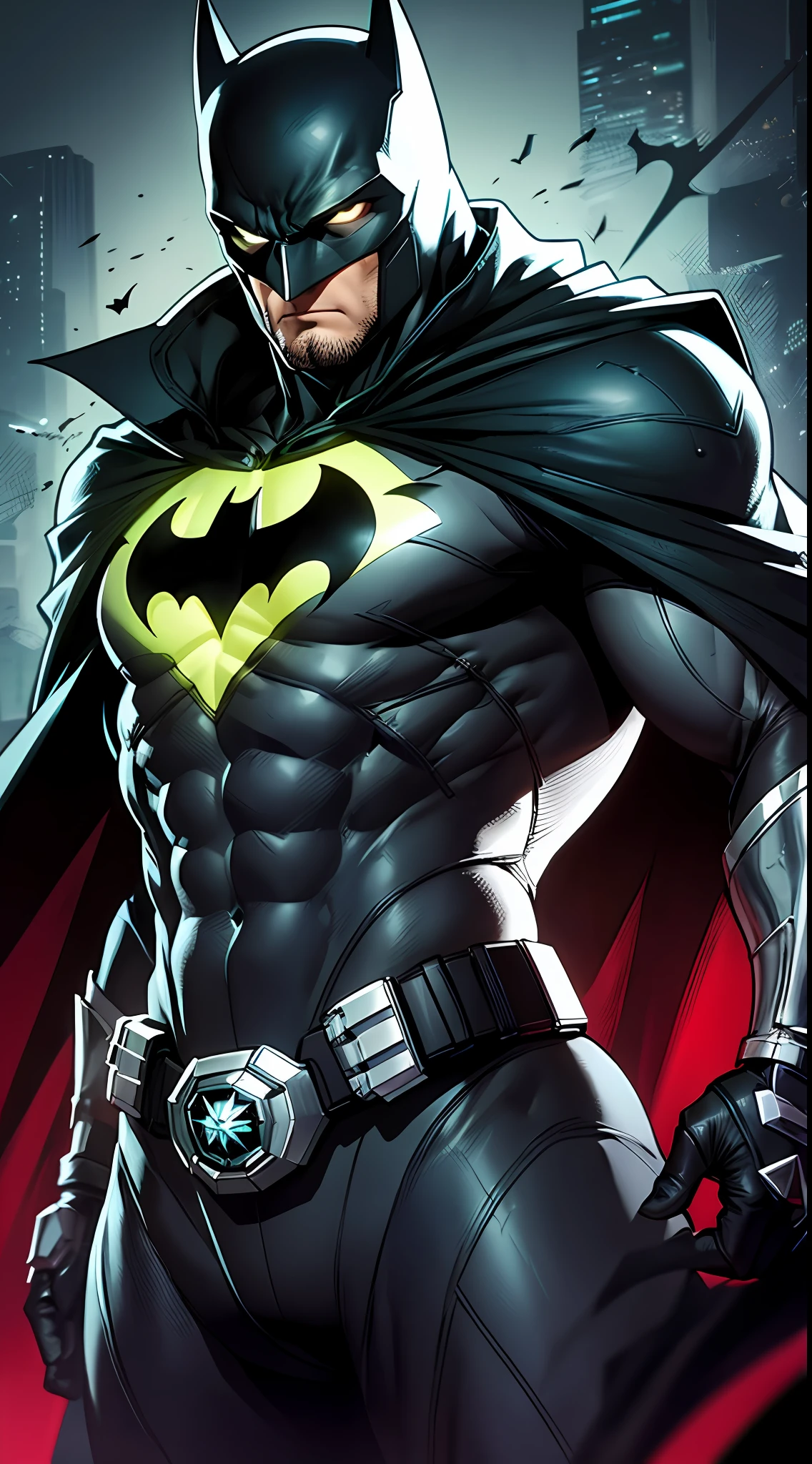 Batman,macho, tall, hunk, muscular, black and neon green suit, neon green details on the suit, best quality, masterpiece, long black cape, short ears on the helmet, white eyes, no pupils, serious face, ultra detailed suit, detailed face, powerful pose,  best quality, high resolution:1.2, dark grey ultility belt, night, dark atmosphere, flowing cape, award winning, shadow, volumetric lighting