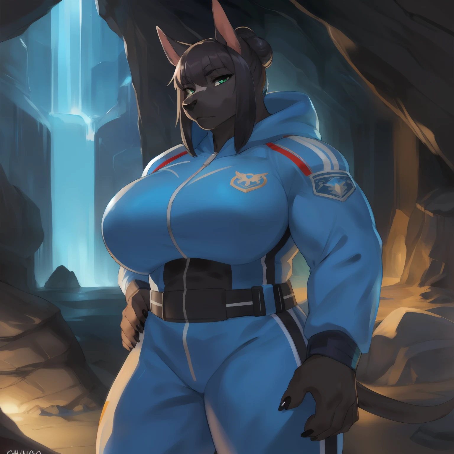 Solo, female, great dane, standing, thick eyelashes, dark eyelashes, black eyeliner, lips, black lipstick, lip gloss, emerald eyes, black hair, hairbun, swept bangs, fringe, muscular, buff, massive, tall, enormous, giant, biceps, big breasts, black claws, bored expression, night, dramatic lighting, By bebebebebe, by buta99, by chunie, by sonsasu, by danza, blue military spacesuit, standing at the mouth of a cave, plants, rocks, eyes in the darkness, facing viewer, posing,