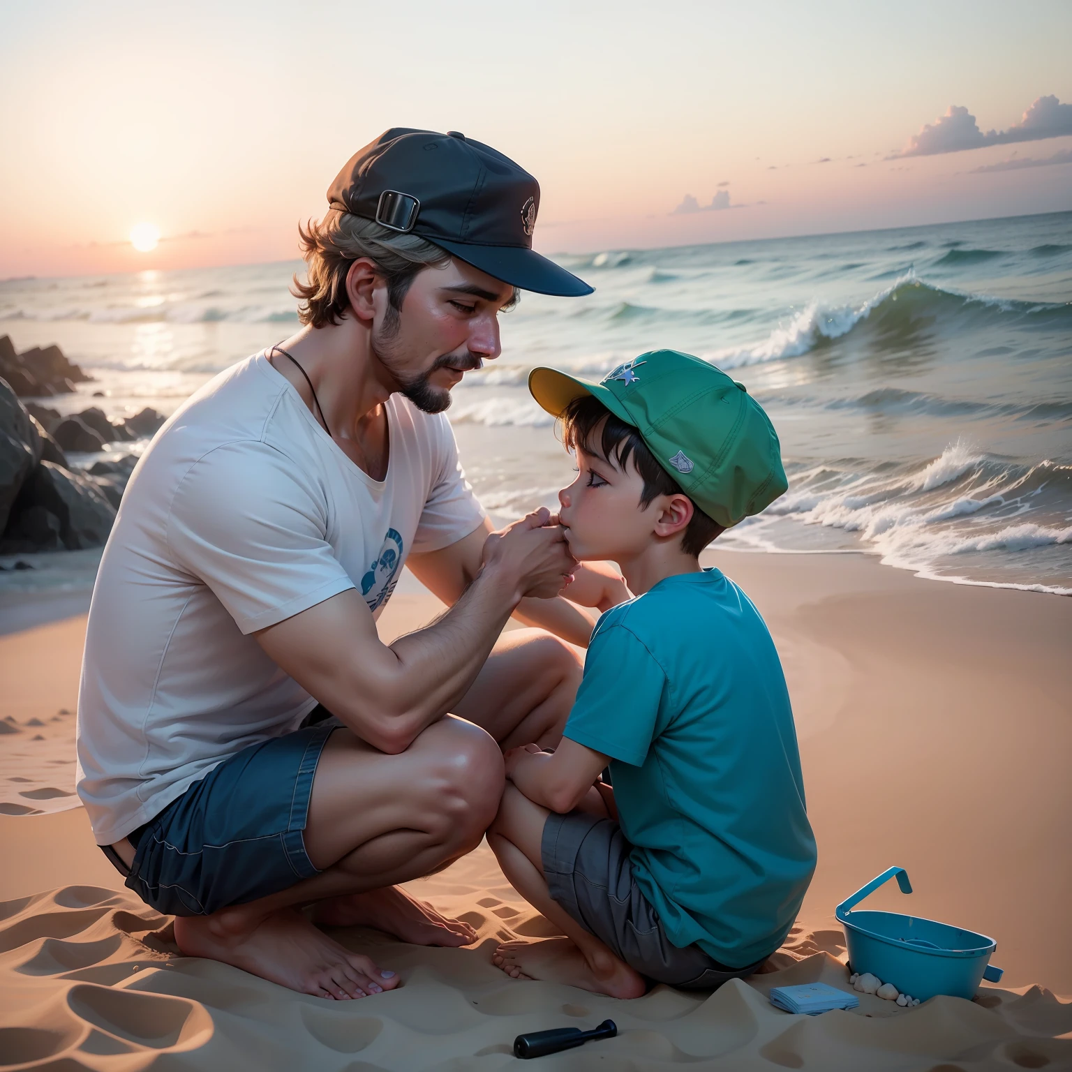 The image depicts a charming seaside scene, where a father and son are enjoying a special moment together. The scenery shows a white sand beach, com o mar calmo e de um azul brilhante ao fundo. The sky is lightly painted with soft shades of pink and orange, indicating the upcoming sunset. No primeiro plano, vemos o pai e o filho lado a lado, com um sorriso radiante no rosto de ambos. The father is crouched down, wearing a casual shirt and cap, enquanto o filho, cheio de entusiasmo, He holds a small shovel and a toy bucket in his hands. They are about to build a sandcastle together. The father guides and helps the son as they work together in the creation of this small work of art. The complicity between them is evident, and the son's look of admiration at his father is thrilling. Ao redor deles, shells and starfish are tered across the sand, Giving a magical touch to the scene. Ademais, ao longe, pode-se avistar algumas gaivotas voan complementando o ambiente praiano. No canto inferior direito da imagem, in a calligraphic font, is written "Feliz Dia dos Pais" accompanied by a small anchor, symbol of the safety and security that parents represent in the lives of their childreis image in SeaArt evokes a sense of affection, bond and shared adventure between parents and children. Itbrates the importance of simple and unforgettable moments spent together by the sea, where parents become true heroes to their children. quero agens realistas como se fossem seres humanos em fotos