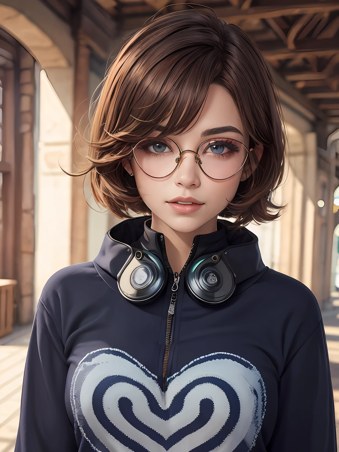 ((solo)) garota, cabelos brancos e mechas roxas,olhar delicado, olhos azuis, moletom, oculos, heart collar