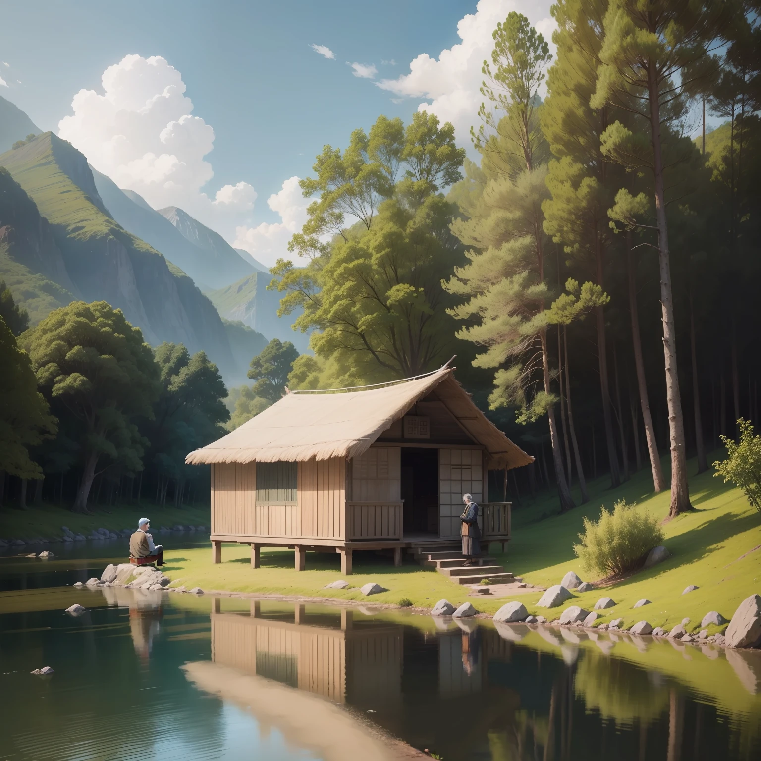 A picturesque setting of a hut next to a serene river with trees surrounding, The young man stands in front of the hut, with eyes teary with tears, while the grey-haired Elder listens to him with serenity.