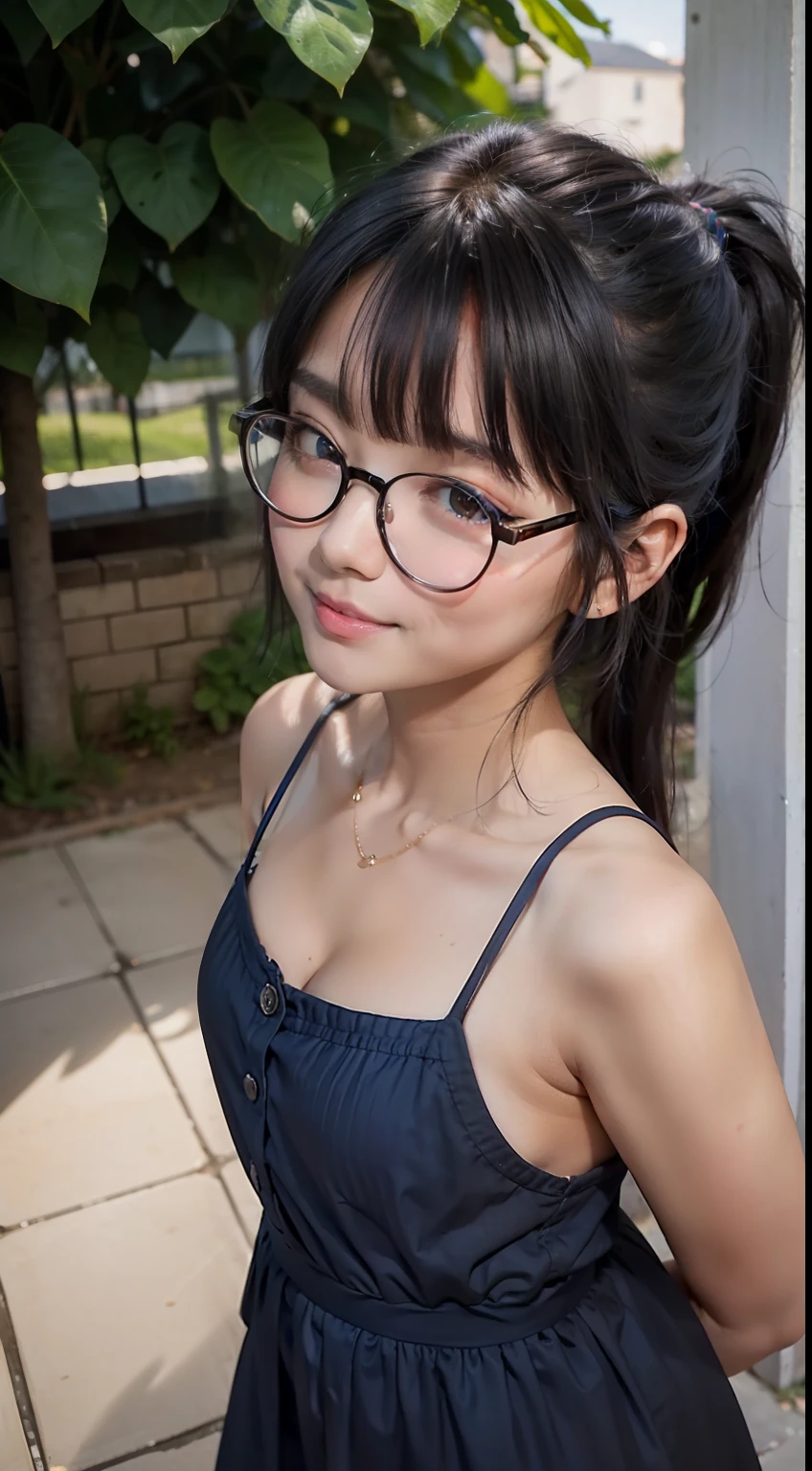Raw photo、Angle from above、Looking Up、Black-haired schoolgirl、Round glasses、flat chest、ponytail with bangs in the central part,,,、Casual dress、skirt by the、A smile、Big black eyes、Beautiful eyes、Country town on a summer day、blue-sky、A detailed eye、A detailed face、Top resolution、Hi-Res、masterpiece