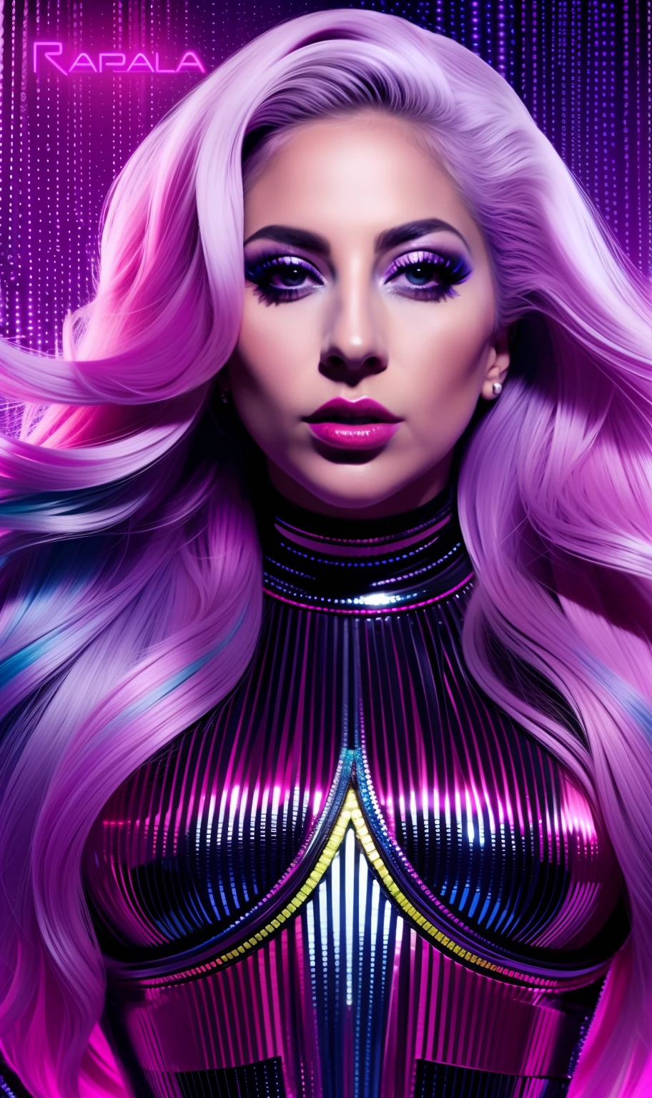 Lady GaGa vestido negro con neon,extravagante,textura 4K,Realistic and sharp face, cabello largo y de colores, calidad alta, cuerpo completo,varias poses corporales,peinado extravagante, Original album cover, imagen 8k, futurista, alta calidad de imagen, en la noche, accesorios en el cabello, imagen 8k, rostro realista en alta calidad, cuerpo completo, diferentes poses corporales, alta calidad en el rostro, rasgos definidos,HD, rostro realista y definido 4k