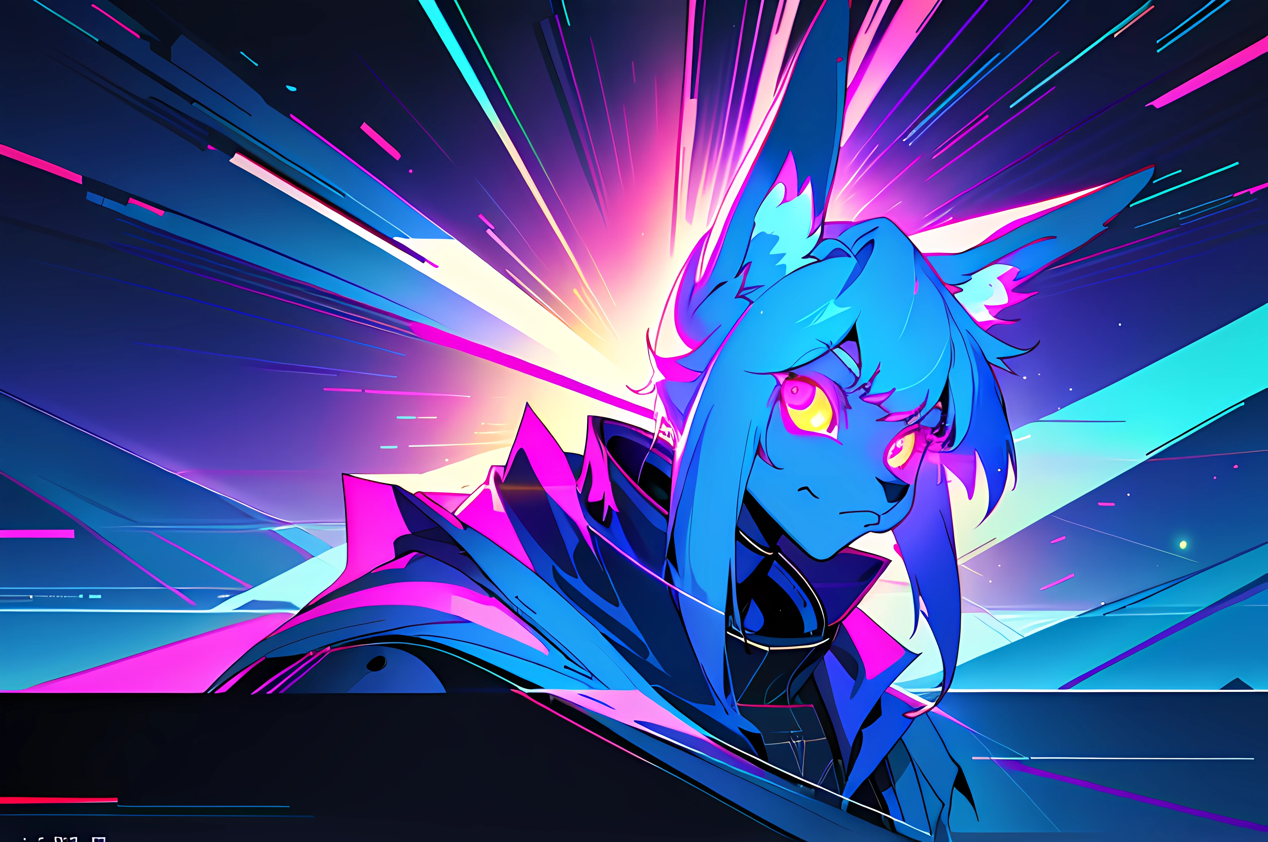 (vintage vhs), (crt screenshot), (Zen, Amy Sol style), running scene from a show about a blue anthro furry kemono rabbit who investigates deep space crime, (vast decrepit scenery:1.2) blame! style, nightmarish illustration, glowing eyes everywhere, intense eye contact, hybrid human / anthro, electrixbunny, rabbit anthro portrait, ((portrait)), bunnypunk, weirdcore voidpunk fursona, wearing bunny ears, cover art with light abstraction, abstract, simple vector art, contemporary Cybernetic art, color gradients, soft color palettes, layered forms, whimsical animation, style Ethereal abstract, 4K, --v6