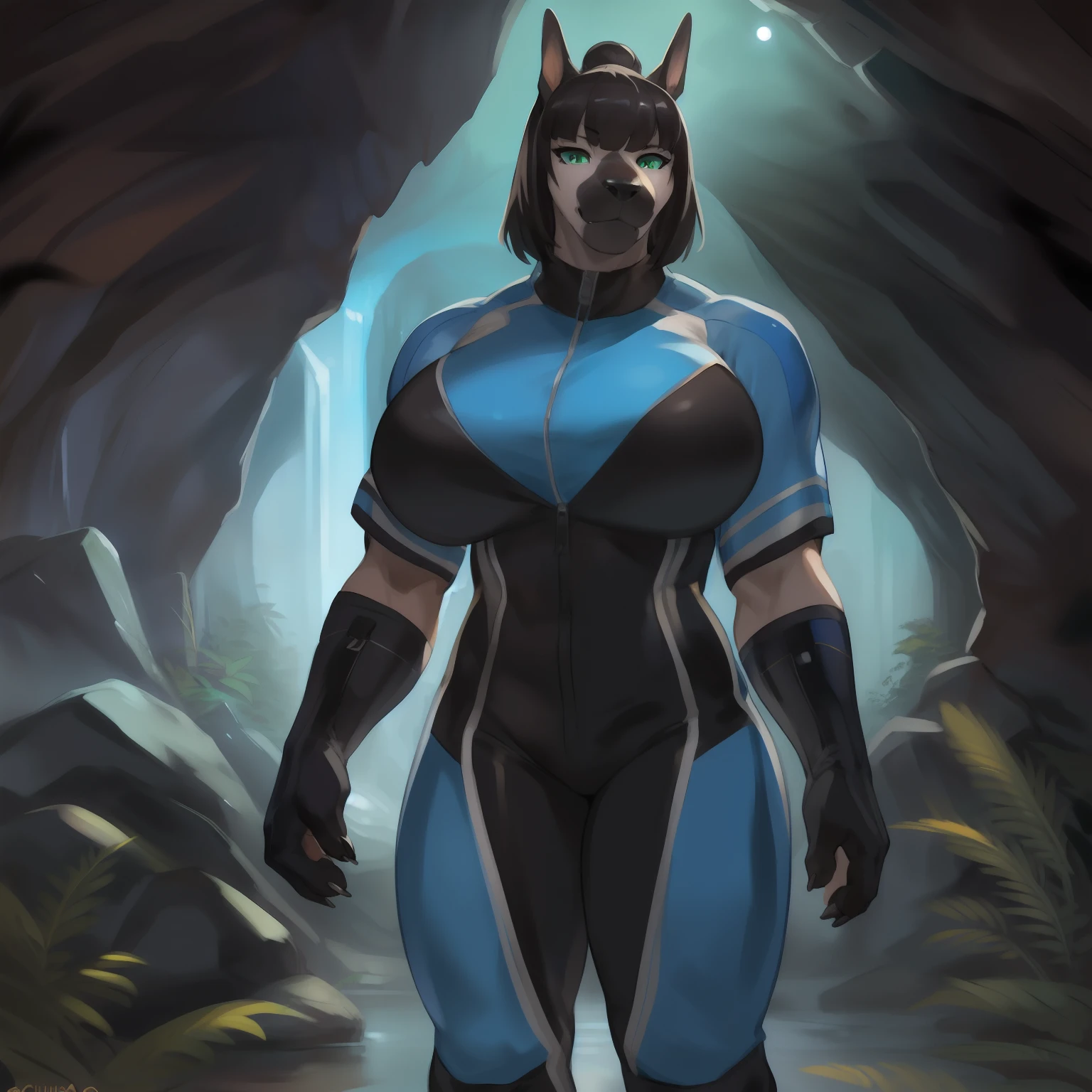 Solo, female, great dane, standing, thick eyelashes, dark eyelashes, black eyeliner, lips, black lipstick, lip gloss, emerald eyes, black hair, hairbun, swept bangs, fringe, muscular, buff, massive, tall, enormous, giant, biceps, big breasts, black claws, bored expression, night, dramatic lighting, By bebebebebe, by buta99, by chunie, by sonsasu, by danza, blue military spacesuit, standing at the mouth of a cave, plants, rocks, eyes in the darkness, facing viewer, posing,