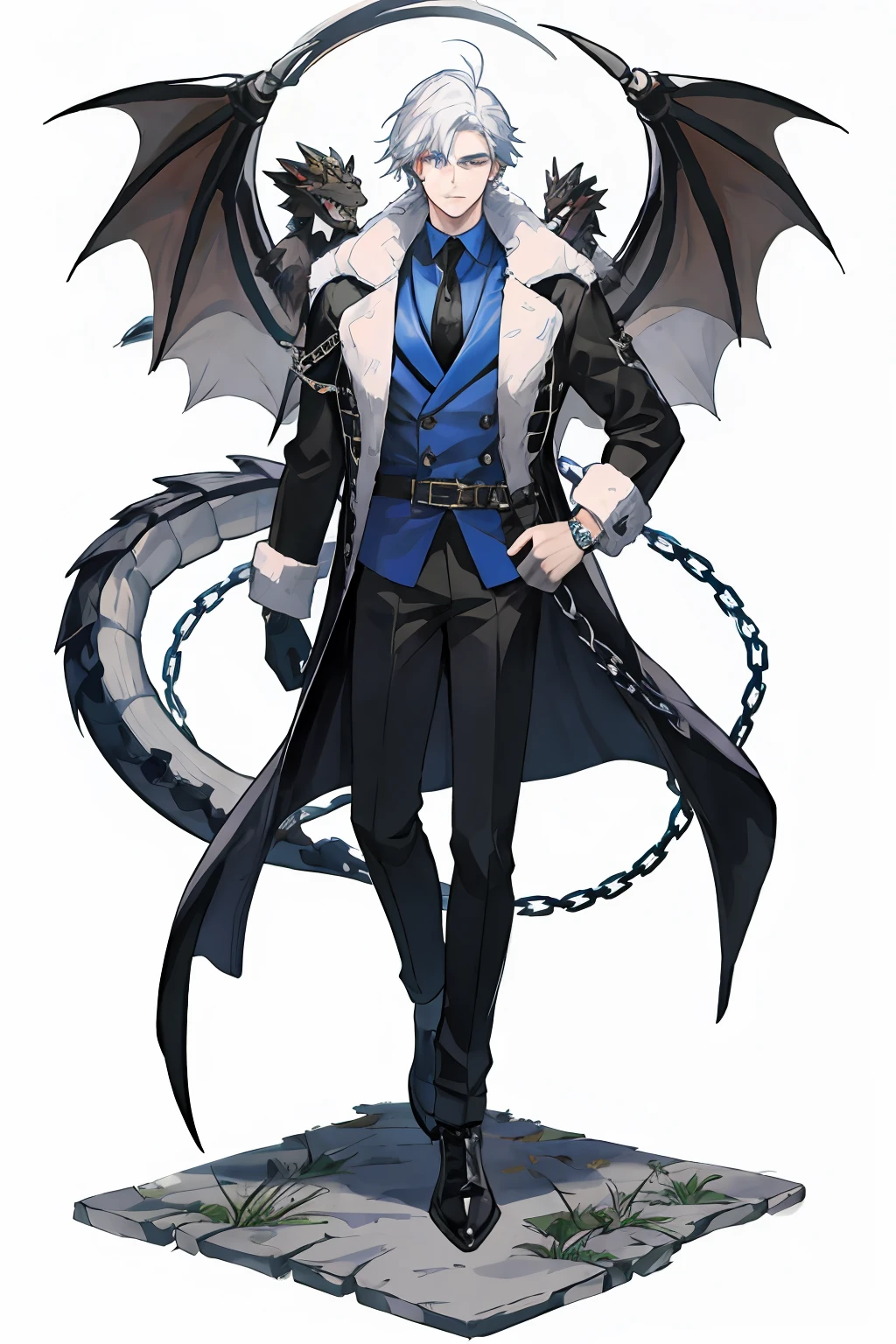 {{{front facing}}},{{{full bodyesbian}}},{{{hightquality}}}, {White background}, Solo,White mesh hair with a bluish-brown base,Dragon Man Tribe,mafia boss,30-years old,Black trench coat with fur,Double belt on upper arm,black suit with a pattern on the right half of the body,,Best in Jacket,Blue shirt and black tie,7 colored chains on the right hip,Silver watch on left hand,shoe