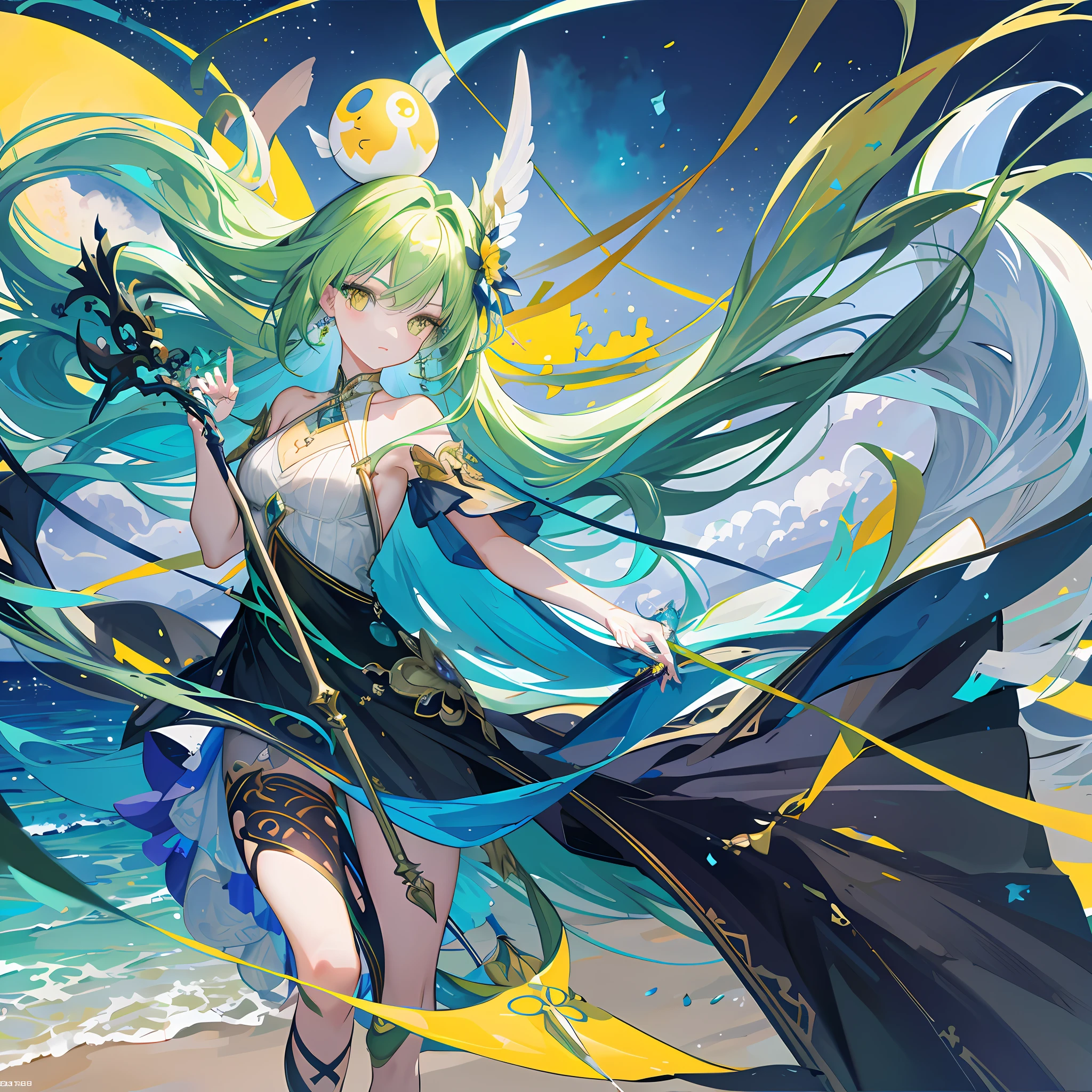 Masterpiece, Best quality, Night, full moon, 1 girl, Green long hair,Yellow pupil color, Long staff, flower ball background, Stroll along the beach,quadratic element,a beauty girl,The fish,Beautiful clear eyes,
