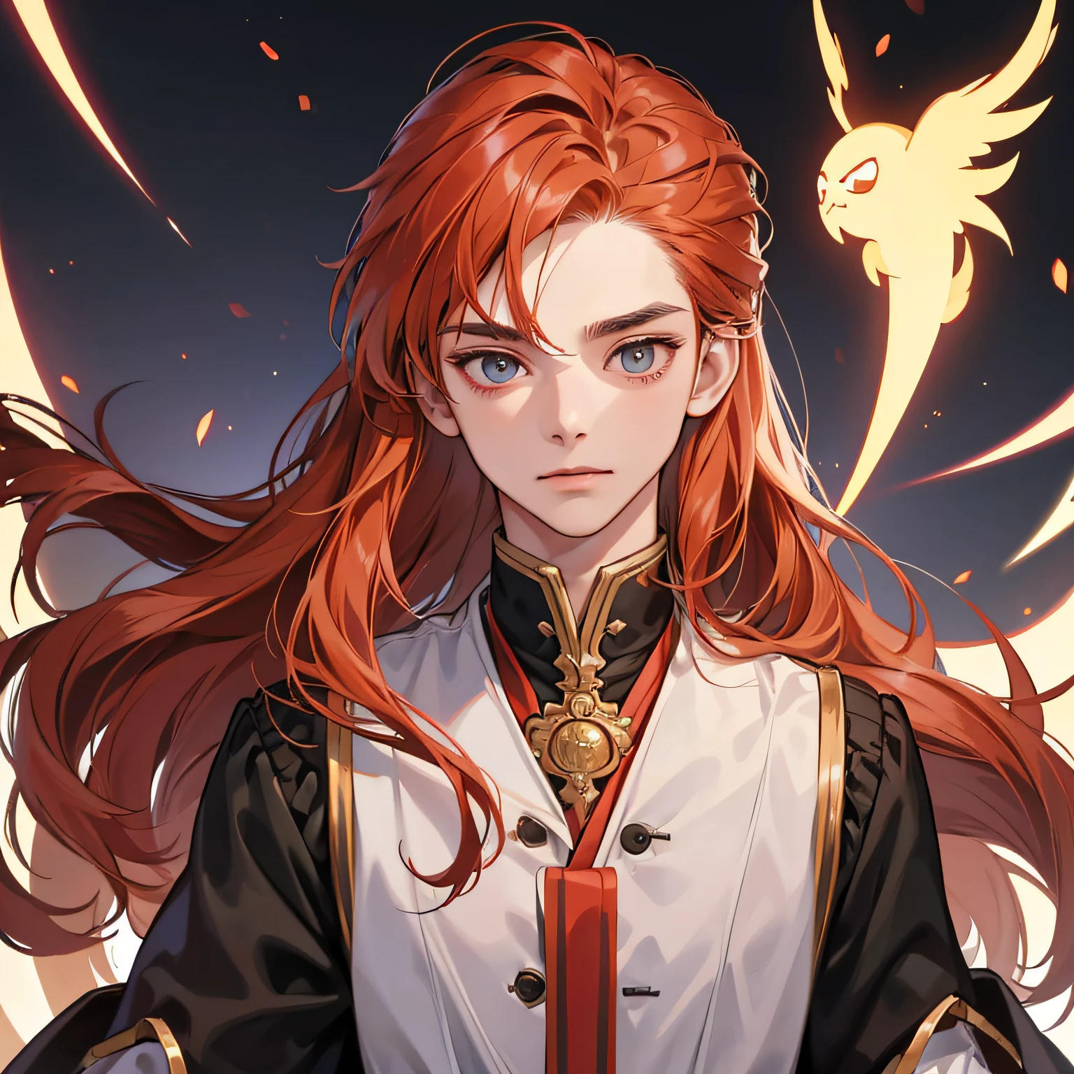 (in 8K、topquality、tmasterpiece:1.2)、1 boy、Skinny macho、pretty eyes, beutiful、Low, cuteface, Student, Upper torso, Long copper hair, hairlong, goes to meet, is looking at the camera, bloodthirsty, evil