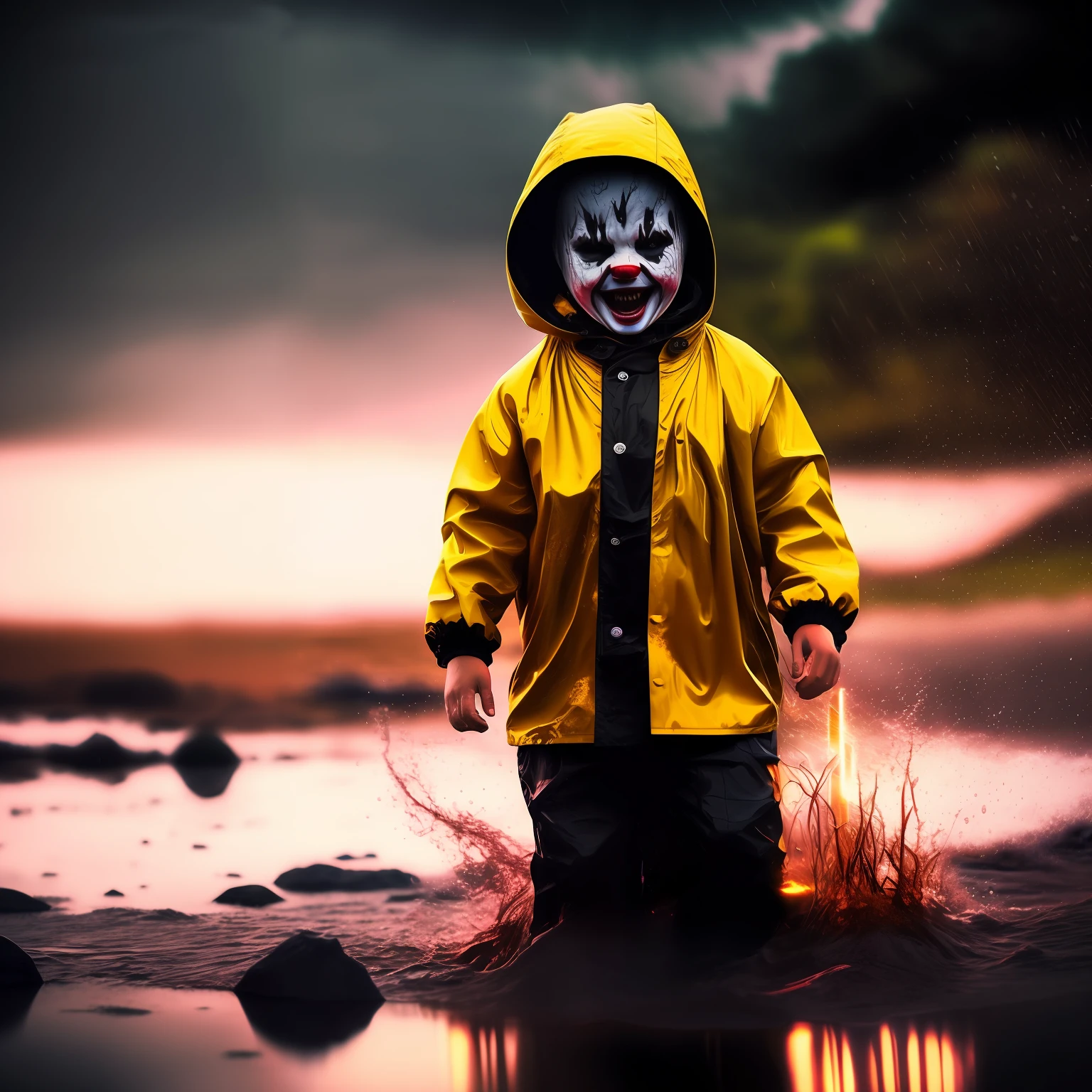 (A boy in a yellow raincoat, , screaming and twitching in muddy water, which overlapped his face, Why the screams were partially choked, bubbling.) Clown with burning eyes, Creepy smile in the background. Horror Style by Giger and Beksinski 4K trending on ArtStation Deviantart Pinterest Detailed Realistic HD 8K High Resolution Award-winning photography Photorealistic masterpiece Cinematic lighting Dark atmosphere Dramatic volumetric Octane lightning rendering Ultra-red colors Black light Earth fog Atmospheric fog Heavy rain Storm clouds