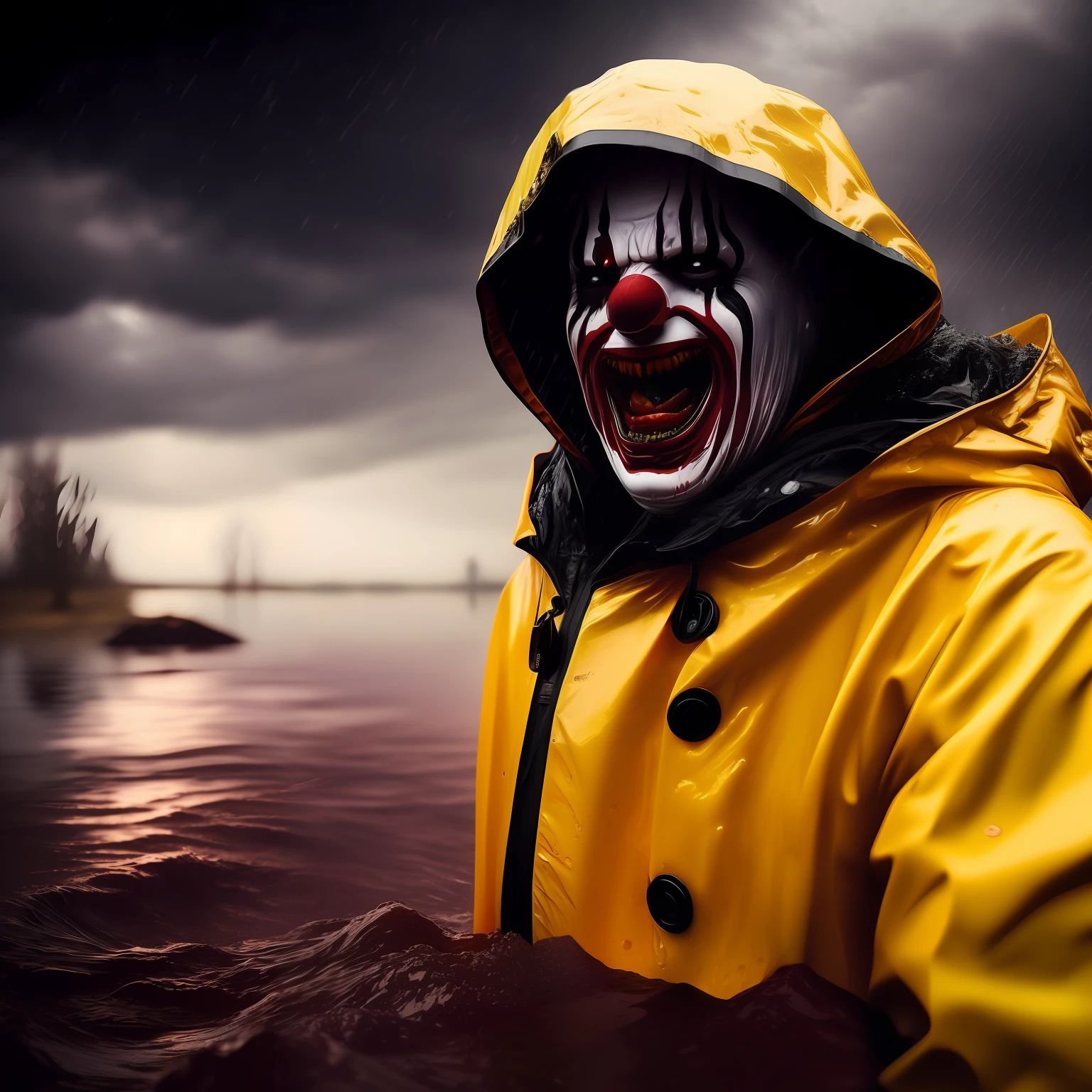 (A boy in a yellow raincoat, , screaming and twitching in muddy water, which overlapped his face, Why the screams were partially choked, bubbling.) Clown with burning eyes, Creepy smile in the background. Horror Style by Giger and Beksinski 4K trending on ArtStation Deviantart Pinterest Detailed Realistic HD 8K High Resolution Award-winning photography Photorealistic masterpiece Cinematic lighting Dark atmosphere Dramatic volumetric Octane lightning rendering Ultra-red colors Black light Earth fog Atmospheric fog Heavy rain Storm clouds