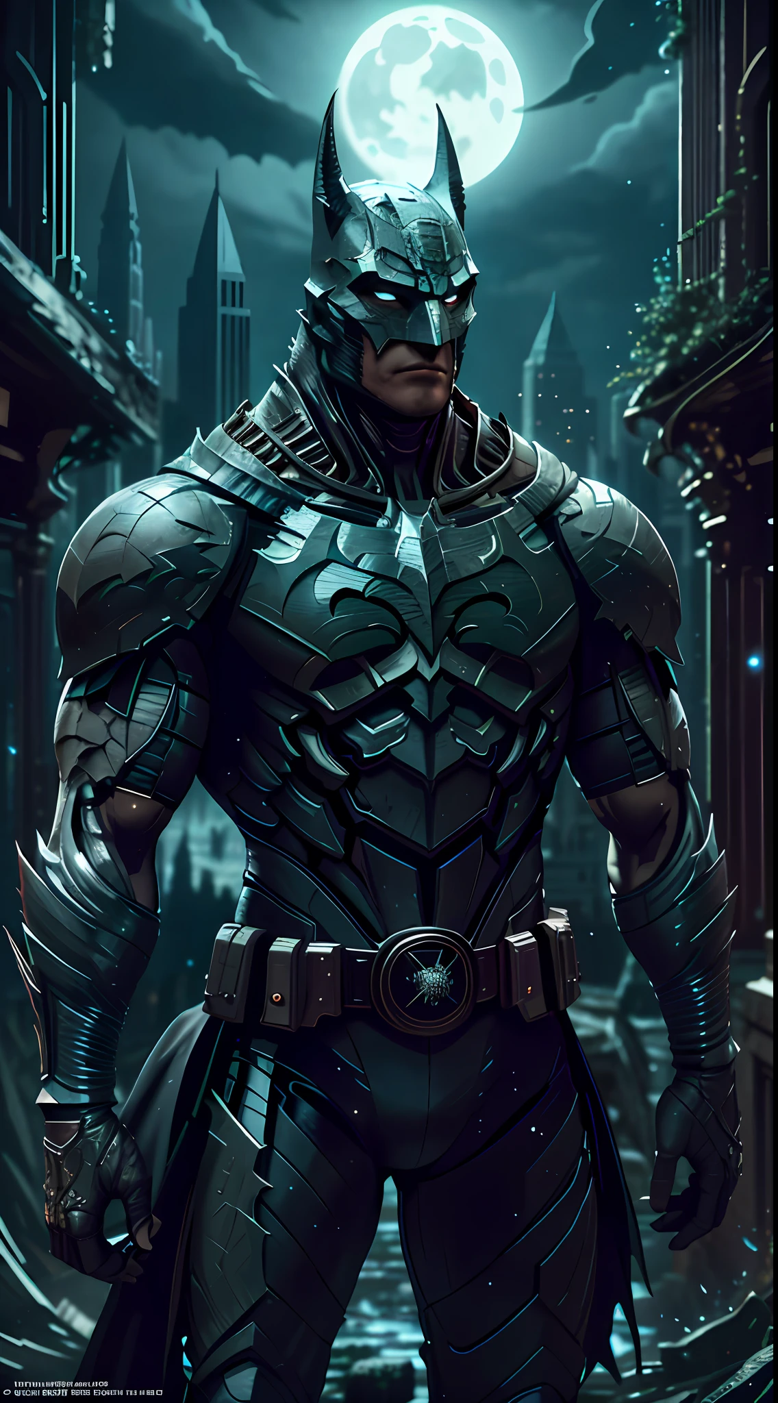Batman from the dark knight stands imposing in a gothic lost city. Moonlight highlights your muscles and scars. The scenery is lush and mysterious, with futuristic tech and surroundings. The camera details everything, a warrior woman, in front of him.