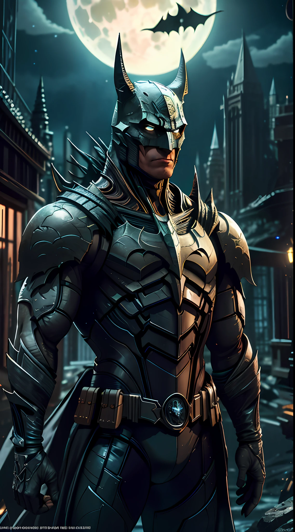 Batman from the dark knight stands imposing in a gothic lost city. Moonlight highlights your muscles and scars. The scenery is lush and mysterious, with futuristic tech and surroundings. The camera details everything, a warrior woman, in front of him.