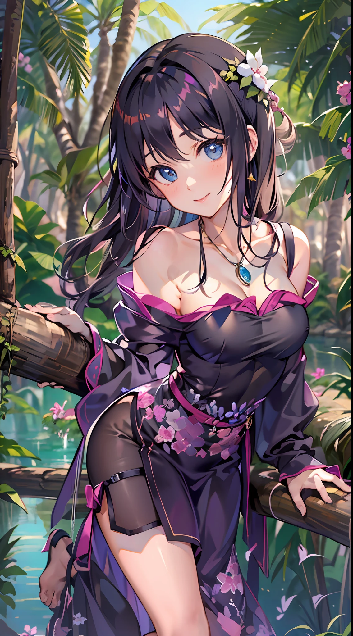 Masterpiece, top quality, in the forest, lake, nature, bathing woman, Japanese woman, beauty, 25 years old, attractive waist circumference, big ass, very small breasts, long black hair, smile, soft expression, high leg, (full nude), supple body, outstanding proportions, pose, necklace, accessories, full body, solo, single woman, frontal, (detailed face), (beautiful eyes), (big eyes) , soft body, Sanae Kochiya