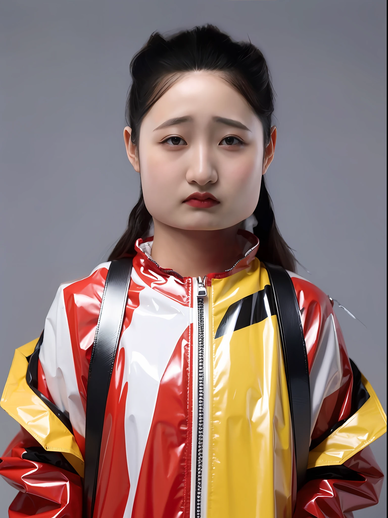A Chinese high school girl，Wear a PVC raincoat，There are zippers，There are hats