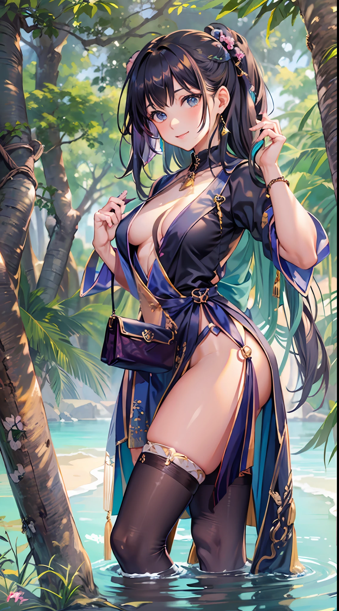 Masterpiece, top quality, in the forest, lake, nature, bathing woman, Japanese woman, beauty, 25 years old, attractive waist circumference, big ass, very small breasts, long black hair, smile, soft expression, high leg, (full nude), supple body, outstanding proportions, pose, necklace, accessories, full body, solo, single woman, frontal, (detailed face), (beautiful eyes), (big eyes) , soft body, Sanae Kochiya