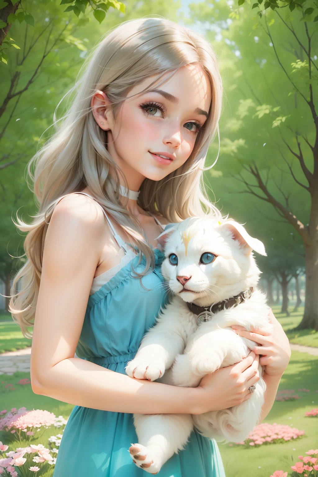 Beautiful girl, feliz e sorridente, com cabelos longos ruivos com lindas mechas douradas e levemente ondulados, de pele branca com um leve tom rosado, com olhos castanhos esverdeados, em um lindo campo florido, com muitas arvores e rosas ao redor, retrato detalhado, complexidade intrincada, rule of thirds, Sunset, Tinta fosca, luminescente, Artistic Station, arte conceitual, Arte Nova, Ilustrativos, Smooth and sharp focus Highly detailed, Maximalista e Realista.