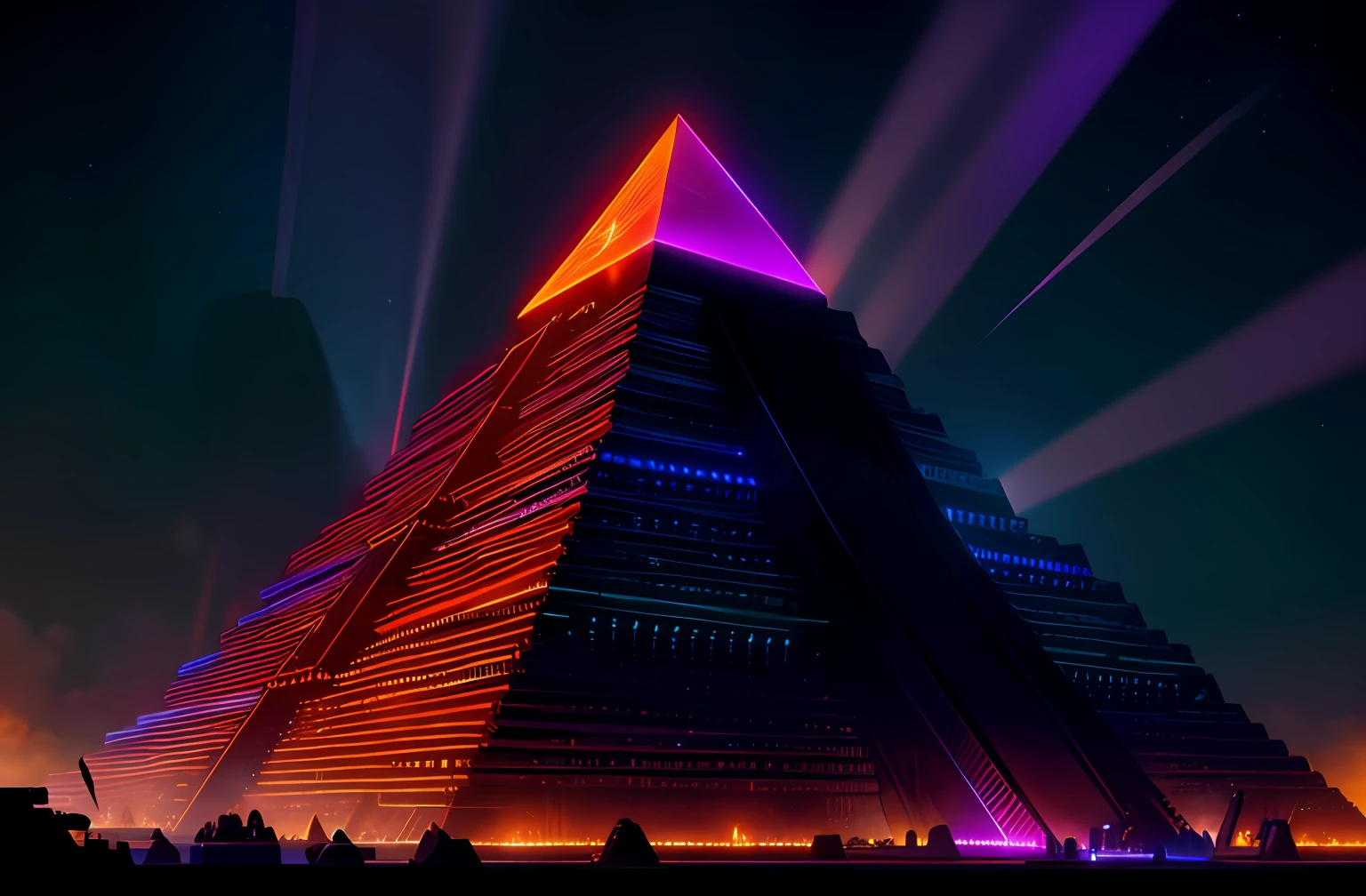 There is a very tall dark pyramid with a neon sign on it, Dan Mumford. maya render, neon ancient ruins, ancient megastructure pyramid, com simbolos maconicos e estrelas de neon roxas, cinematic neon matte painting