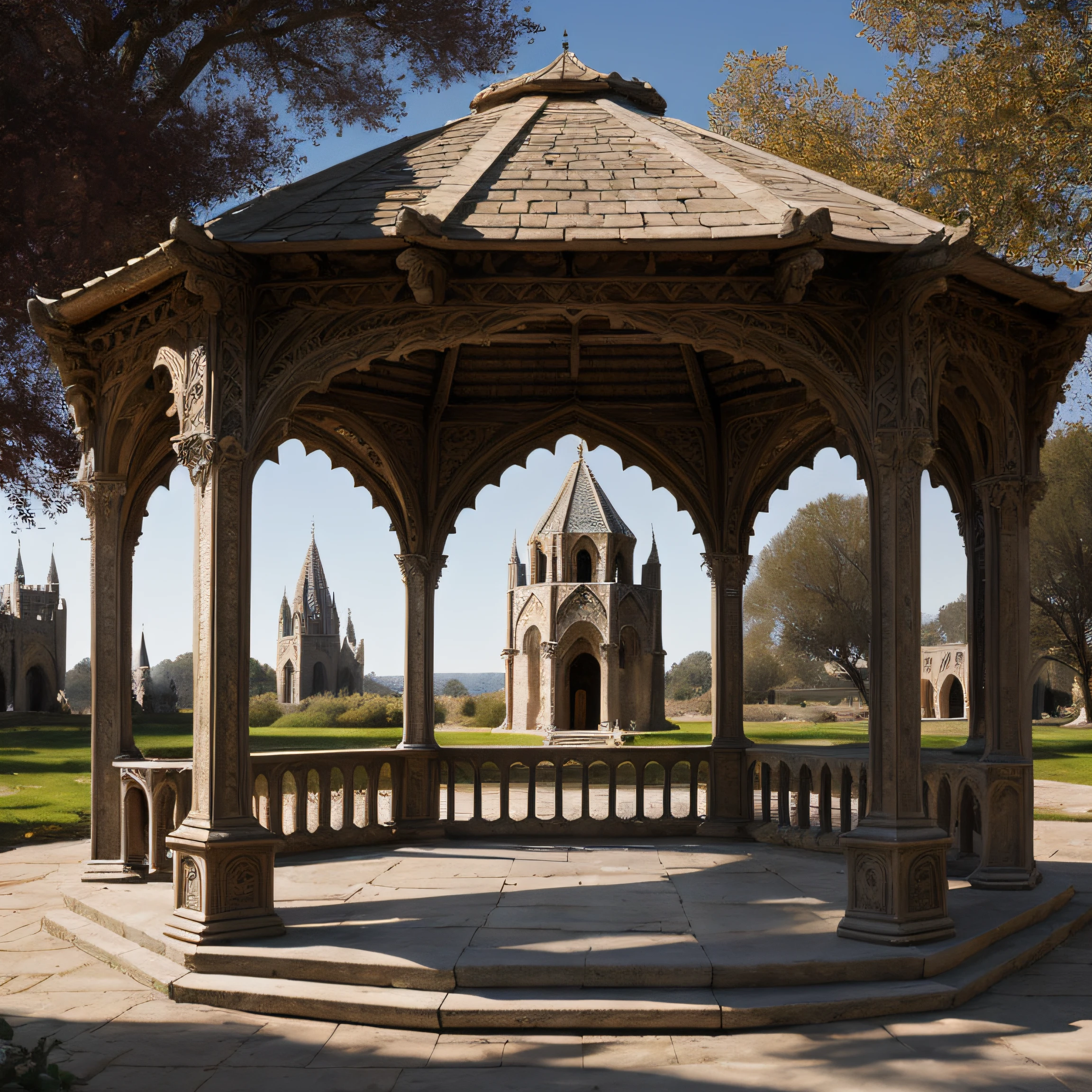 medium shot of a medieval elven romanesque gazebo designed by Alan Lee, octagonal, exterior, medieval elven romanesque architecture, in a big medieval city, realistic, masterpiece, highest quality, shade, bloom, [[chromatic aberration]], by Jeremy Lipking, by Antonio J. Manzanedo, digital painting