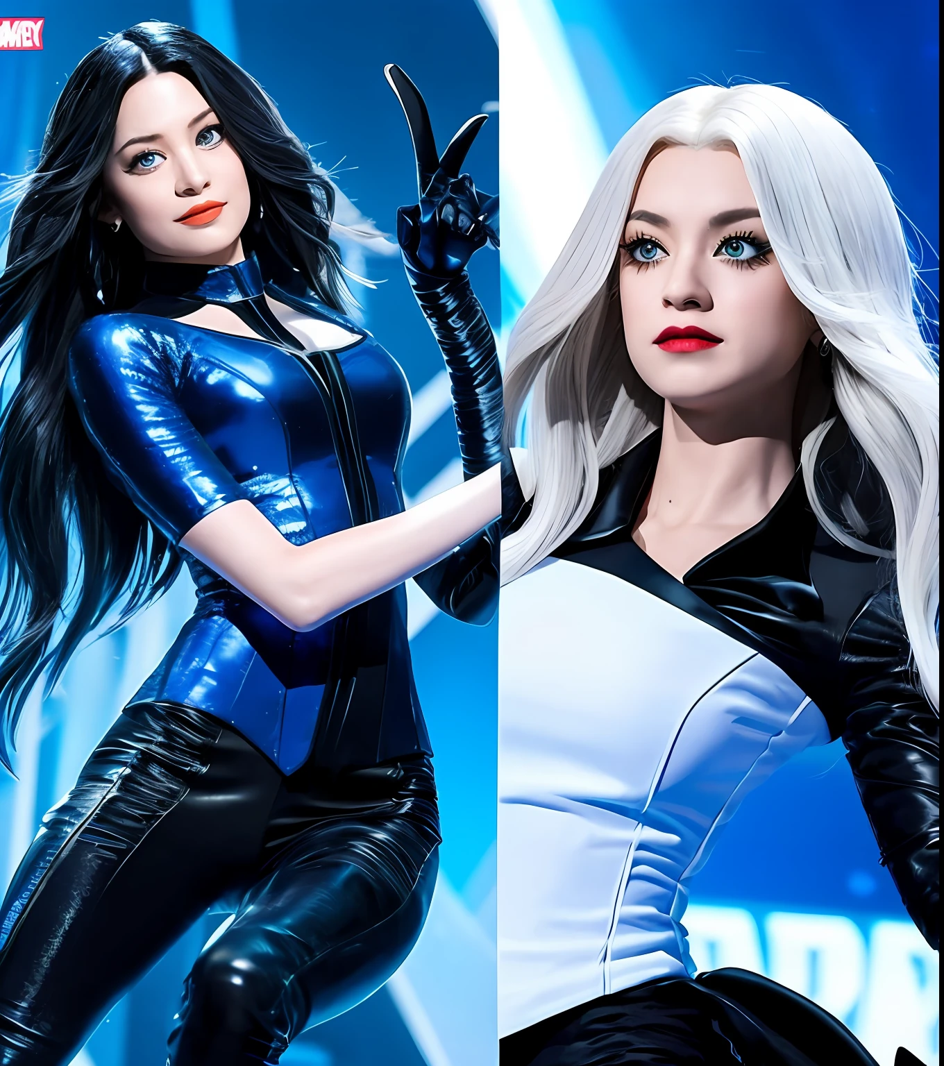 Chica de cabello blanco traje al estilo de Marvel como Black Cat de Marvel traje brillante azul en medio de la ciudad de noche