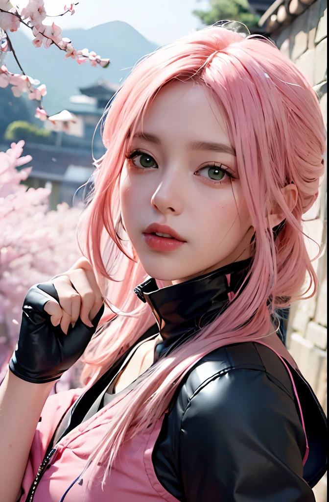 "extremely detailed CG unity 8k wallpaper", "masterpiece", "best quality", "ultra-detailed", "beautiful anime girl Sakura Haruno", "dynamic angle", "dynamic pose", "pink hair", "green eyes", "ninja attire", "cherry blossom petals", "watercolor", "breathtaking scenery")