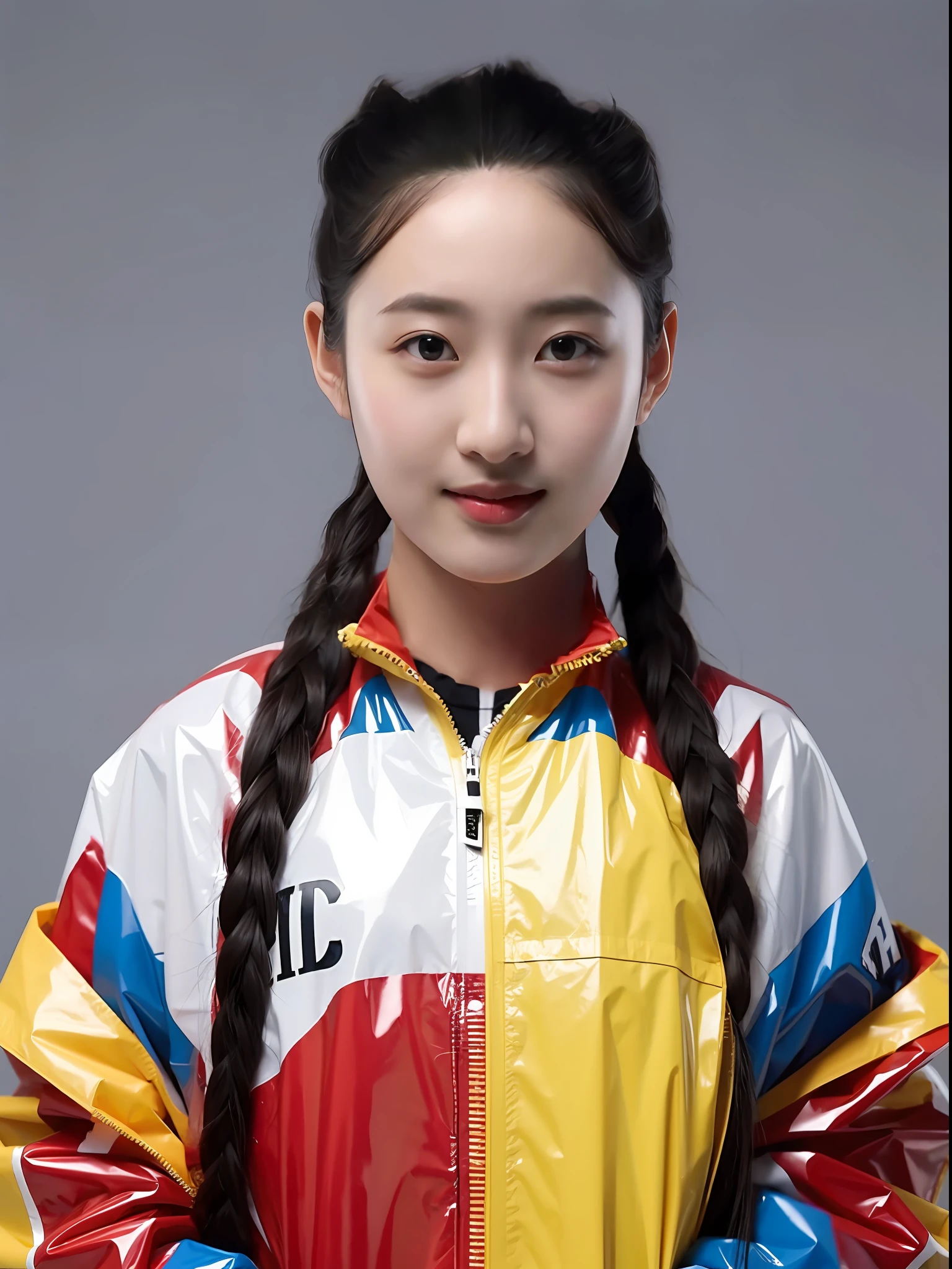 A Chinese high school girl，Wear a PVC raincoat，There are zippers，There are hats