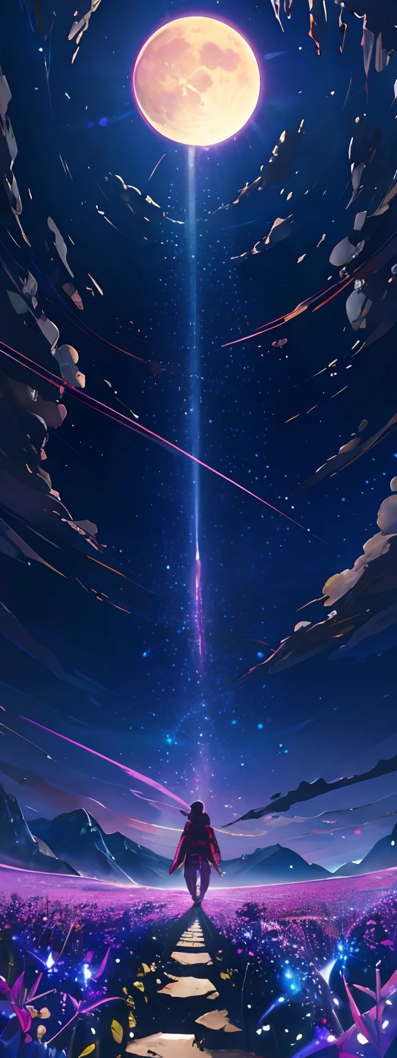 expansive landscape photograph , (a view from below that shows sky above and open field below), a girl standing on flower field looking up, (full moon:1.2), ( shooting stars:0.9), (nebula:1.3), distant mountain, tree BREAK
production art, (warm light source:1.2), (Firefly:1.2), lamp, lot of purple and orange, intricate details, volumetric lighting, realism BREAK
(masterpiece:1.2), (best quality), 4k, ultra-detailed, (dynamic composition:1.4), highly detailed, colorful details,( iridescent colors:1.2), (glowing lighting, atmospheric lighting), dreamy, magical, (solo:1.2)