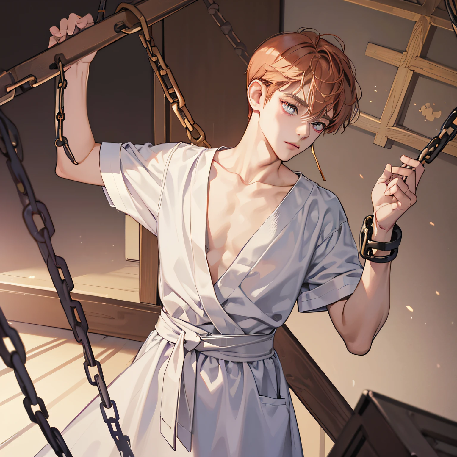 (in 8K、topquality、tmasterpiece:1.2)、1 boy、Skinny macho、pretty eyes, Little, cute, beutiful、low, cuteface, Student, Upper torso, Short copper hair, in a hospital gown, Hands in chains, Torture, An unfortunate person