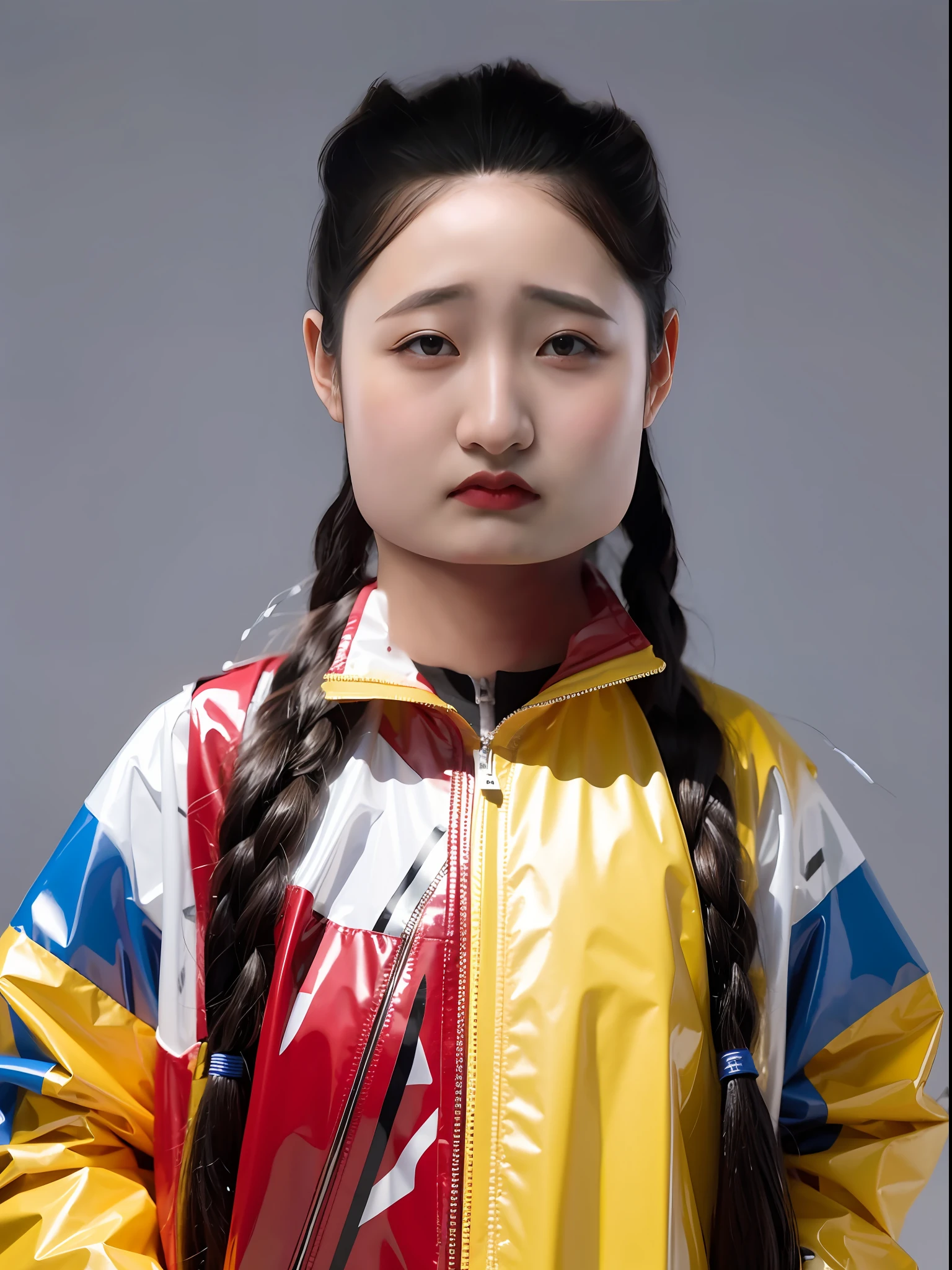 A Chinese high school girl，Wear a PVC raincoat，There are zippers，There are hats
