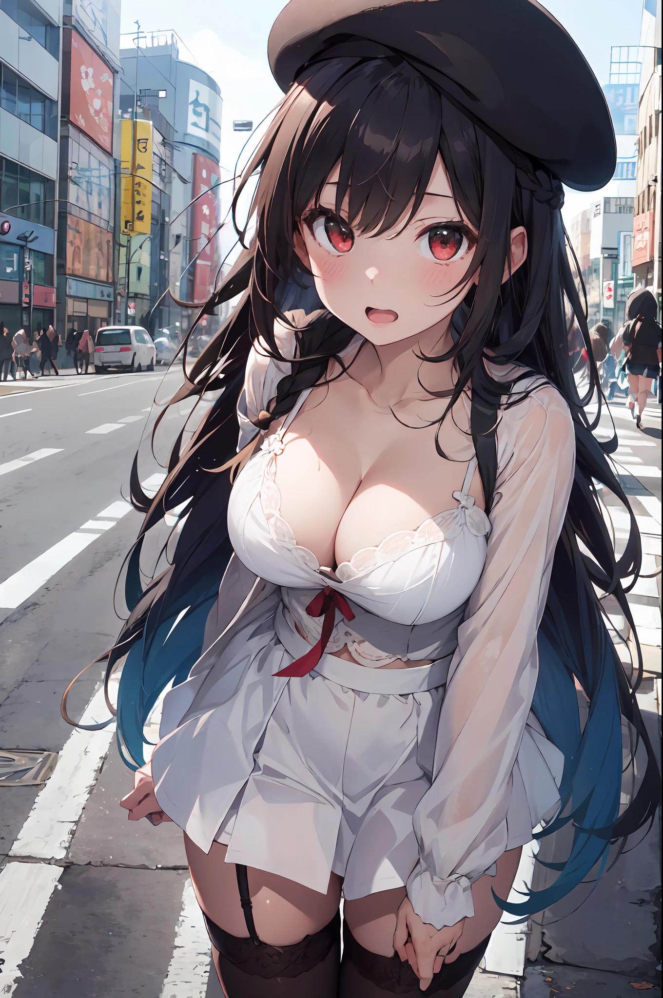 masterpiece,absurdres,garter_straps, 1girl, thighhighs, hat, long_hair, breasts, solo, beret, red_eyes, blush, gradient_background, skirt, gradient, cleavage, looking_at_viewer, hair_over_one_eye, open_mouth, braid, red_headwear,shibuya \(tokyo\), outdoors