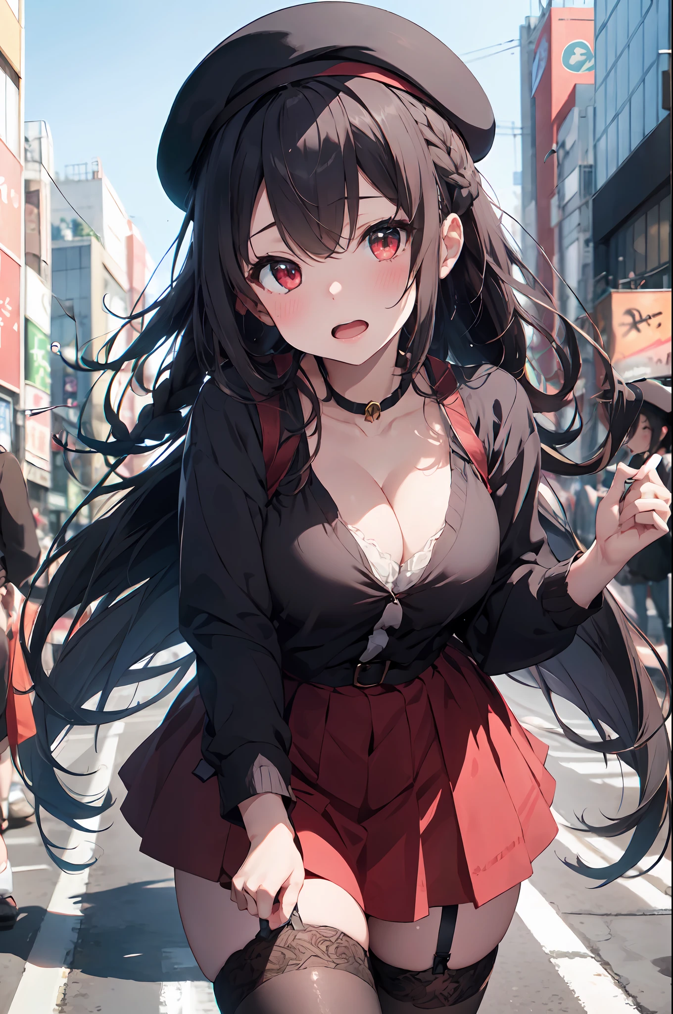 masterpiece,absurdres,garter_straps, 1girl, thighhighs, hat, long_hair, breasts, solo, beret, red_eyes, blush, gradient_background, skirt, gradient, cleavage, looking_at_viewer, hair_over_one_eye, open_mouth, braid, red_headwear,shibuya \(tokyo\), outdoors