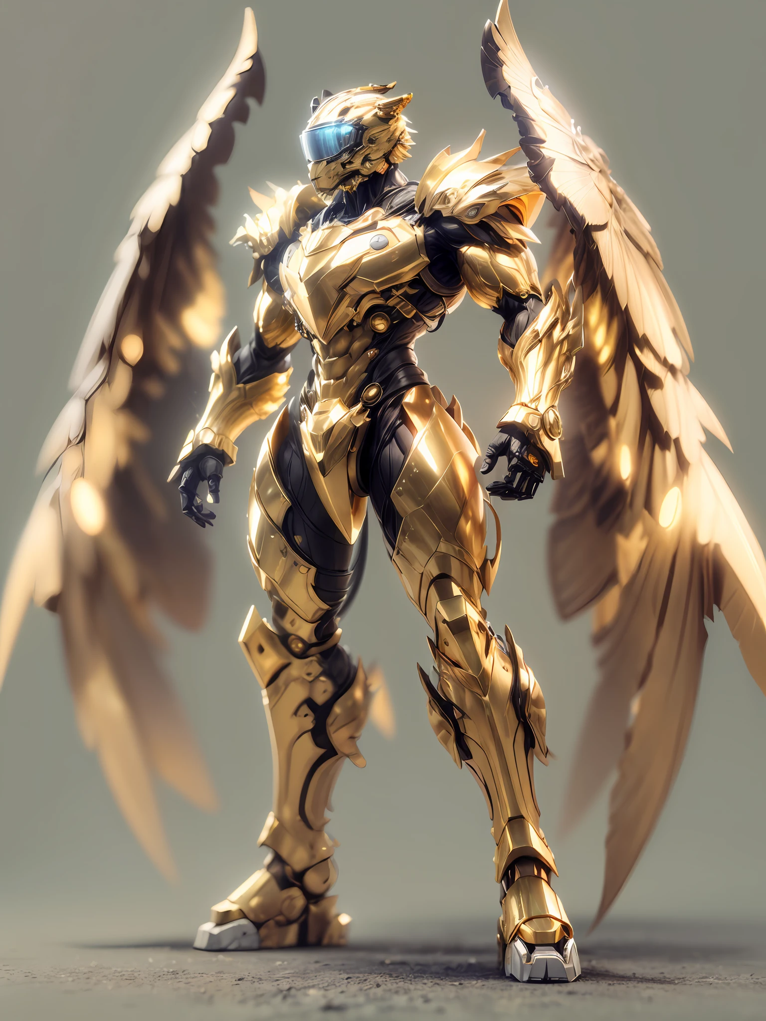 (anthropomorphism:1.5),(Full Body Shot), 1 gold tiger mecha(Mechanical style gold tiger head, Exquisite Helmet:1.2, glowing goggles:1.2, muscular limbs, muscular body, Unfold wings made of gold:1.2), Standing on two legs, nobody, Dreamy Glow,clean,white background, ( Global illumination, raytracing, HDR, unreal render,reasonable design, high detailed, masterpiece, best quality, UHD, Cinematic Lighting)