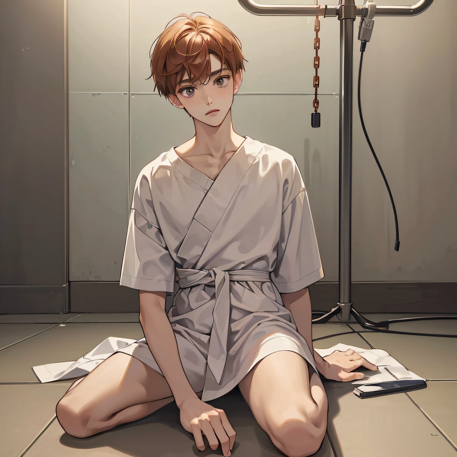 (in 8K、topquality、tmasterpiece:1.2)、1 boy、Skinny macho、pretty eyes, Little, cute, beutiful、low, cuteface, Student, Upper torso, Short copper hair, in a hospital gown, sits on the floor, Chained, Torture, An unfortunate person