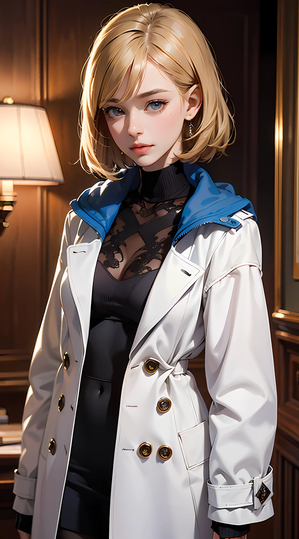 PM, (Dark blue knitwear and white trench coat:1), Golden Fringe Shorthair, Light brown eyes, 1girl in, 20yr old, Innocence, (Photorealsitic), (masterpiece, :1.3),(top-quality:1.4), (超A high resolution:1.2), 超A high resolution, (A detailed eye), (detailed facial features), nffsw, 8K分辨率, (lensflare:0.7),Colossal tits、tights
